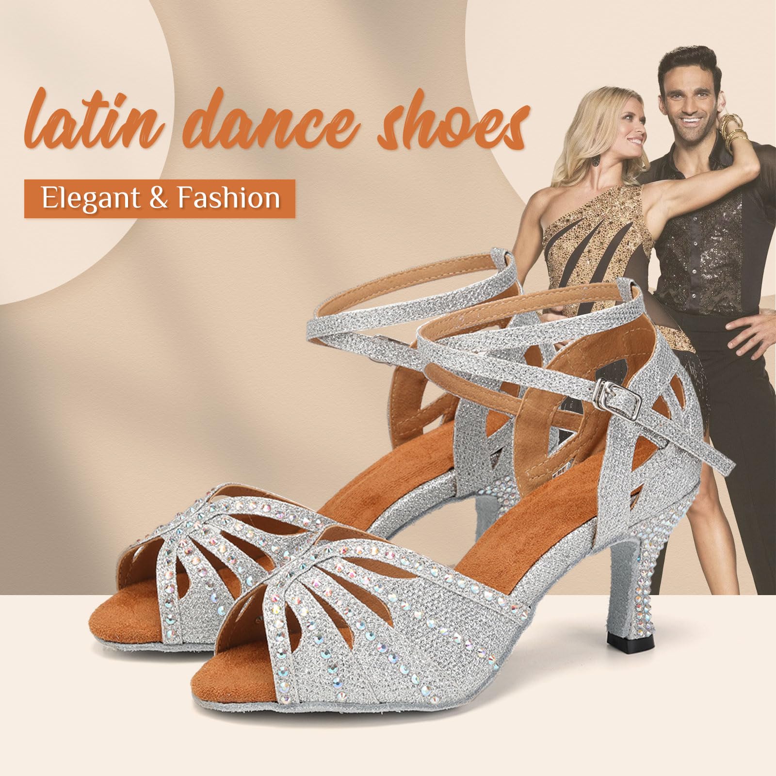 Latin Ballroom Dance Shoes for Women - Rhinestone Salsa Shoes with 3 Inch Heel & Suede Sole | Perfect for Salsa, Bachata, Tango & Ballroom Dancing