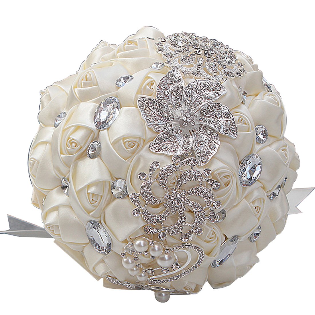 Elegant Ivory Artificial Rose Wedding Bouquet for Bride & Bridesmaids - Satin Jeweled Throw Bouquet for Bridal Shower, Ceremony & Photo Props