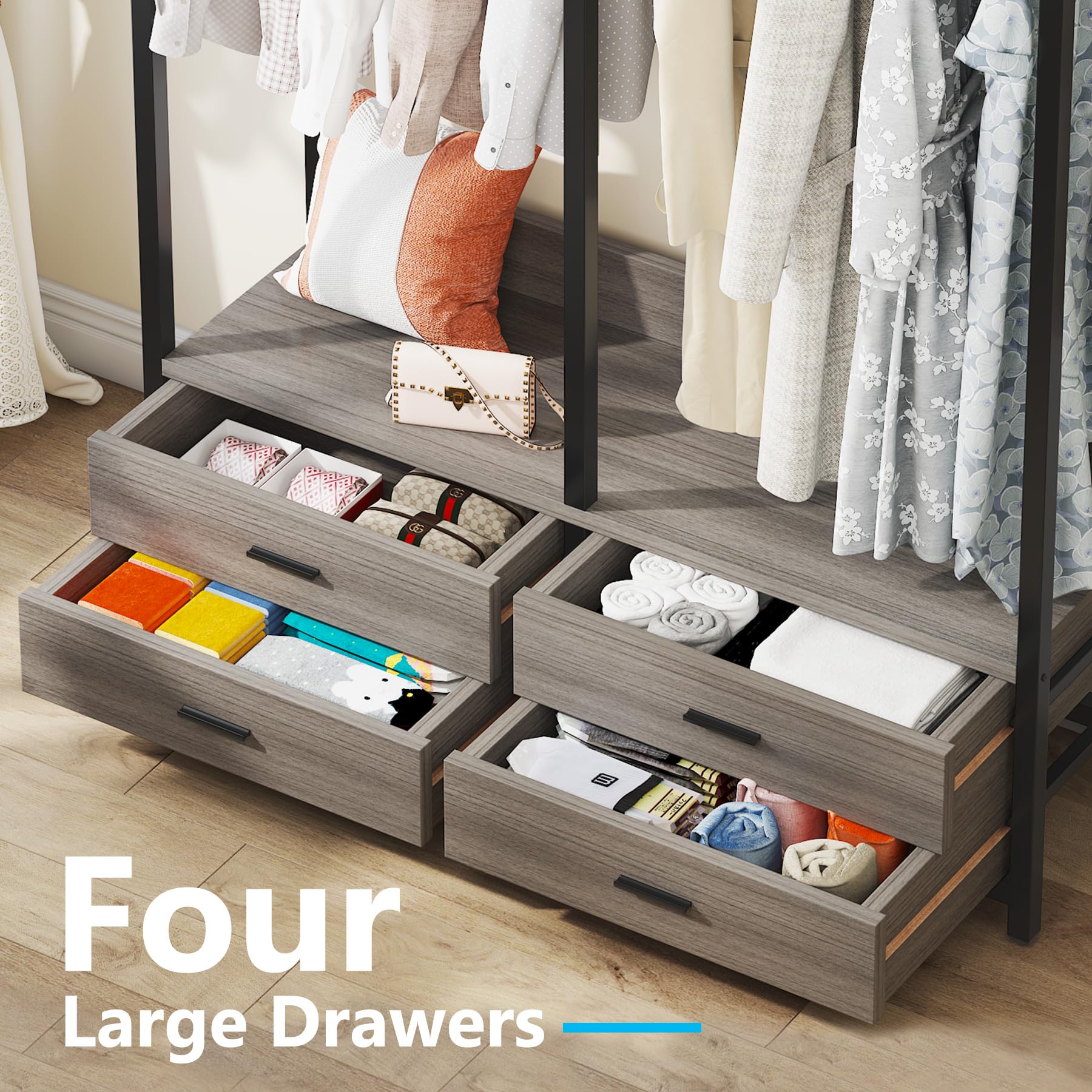 Tribesigns Heavy Duty Freestanding Closet Organizer - 4 Drawers, 8 Hooks & Storage Shelves Garment Rack for Hanging Clothes | Wardrobe Storage Solution for Bedroom, Living Room & Walk-In Closets | Space-Saving Grey Clothing Rack for Home Organization