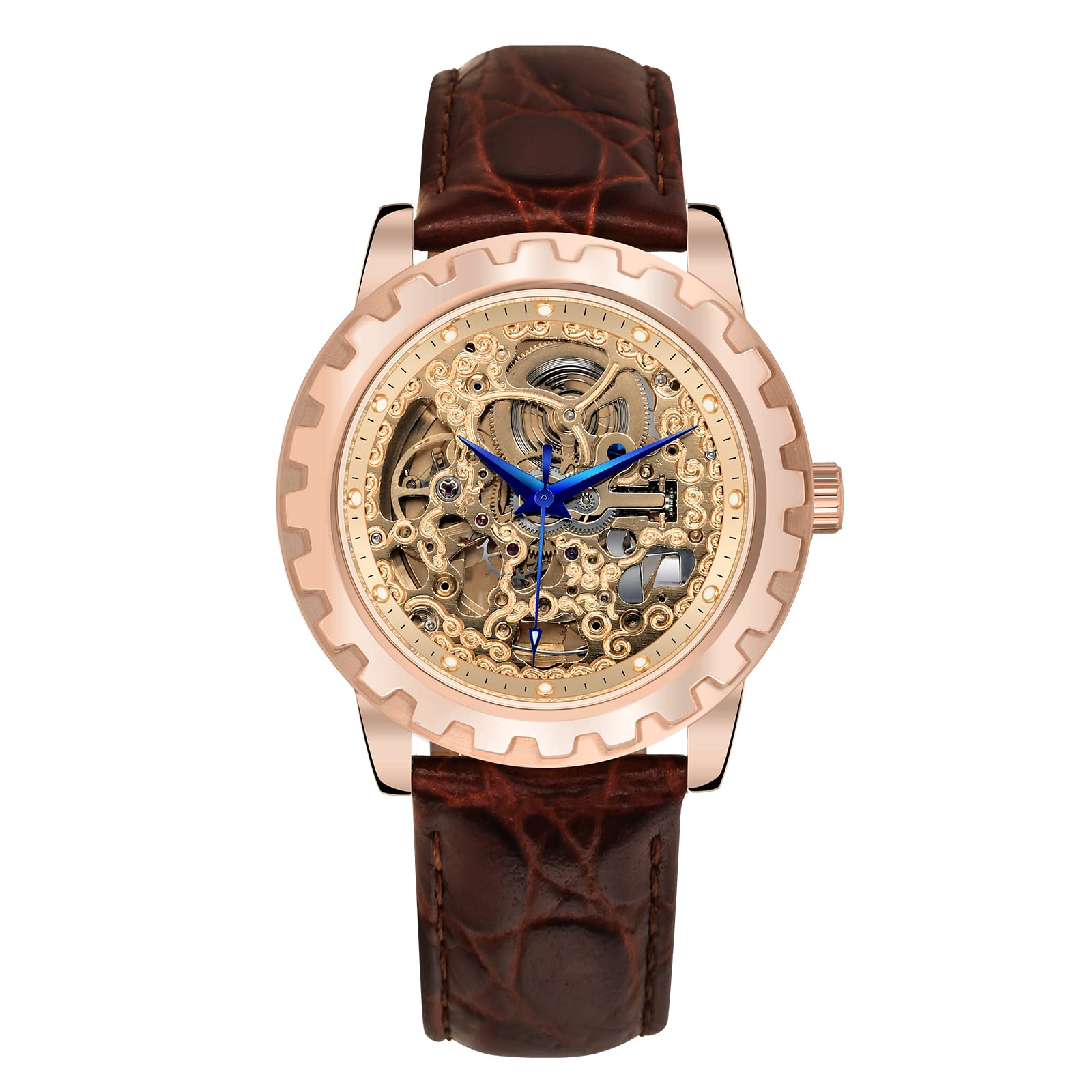BERNY Luxury Automatic Skeleton Men's Watch - Gold Mechanical Dress Wristwatch with Exhibition Back, Luminous Markers & Waterproof - Perfect for Business, Formal Events & Gifts