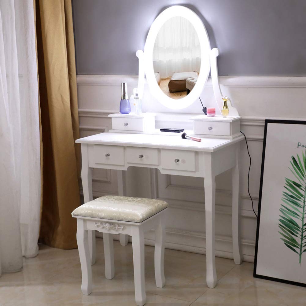 Lighted Vanity Desk Set with Mirror - 5-Drawer Makeup Dressing Table with Cushioned Stool for Women & Girls | Perfect for Small Bedrooms & Apartments | White Modern Vanity Set for Daily Beauty Routine & Home Decor