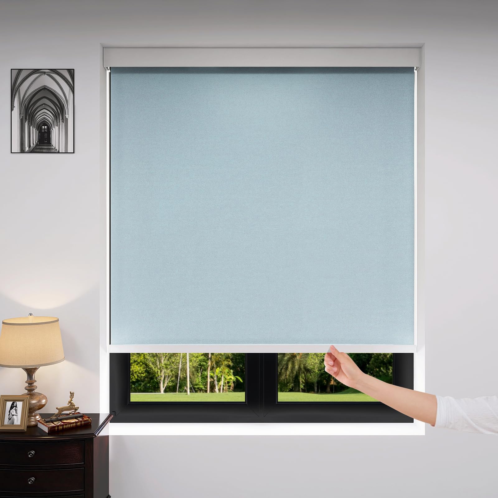Custom Cordless Blackout Shades - Light Blue Waterproof Roller Blinds for Windows (20-90 Inches Wide) | Perfect for Bedrooms, Kids' Rooms & Office Privacy | Noise Reduction & Light Blocking Window Treatment