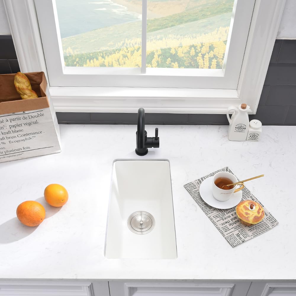 VASOYO 12x16 Inch Undermount Bar Sink - White Quartz Single Bowl Small Kitchen Sink with Bottom Grid for RV, Outdoor & Home Bar Prep | Durable & Stylish Design