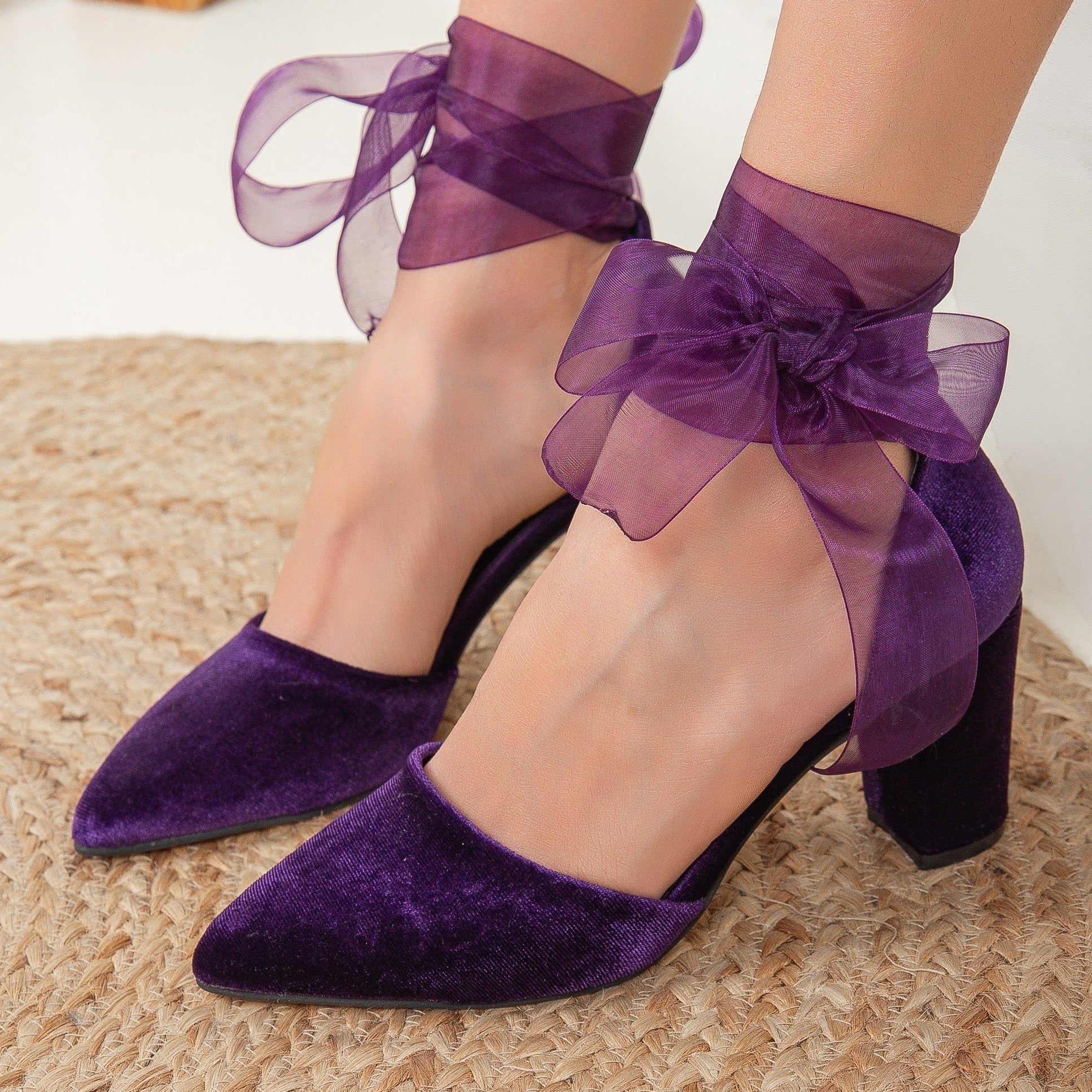 Gisele Women's Purple Velvet Shoes with Ribbon Bow - Elegant Ballet Flats for Weddings, Parties & Special Occasions