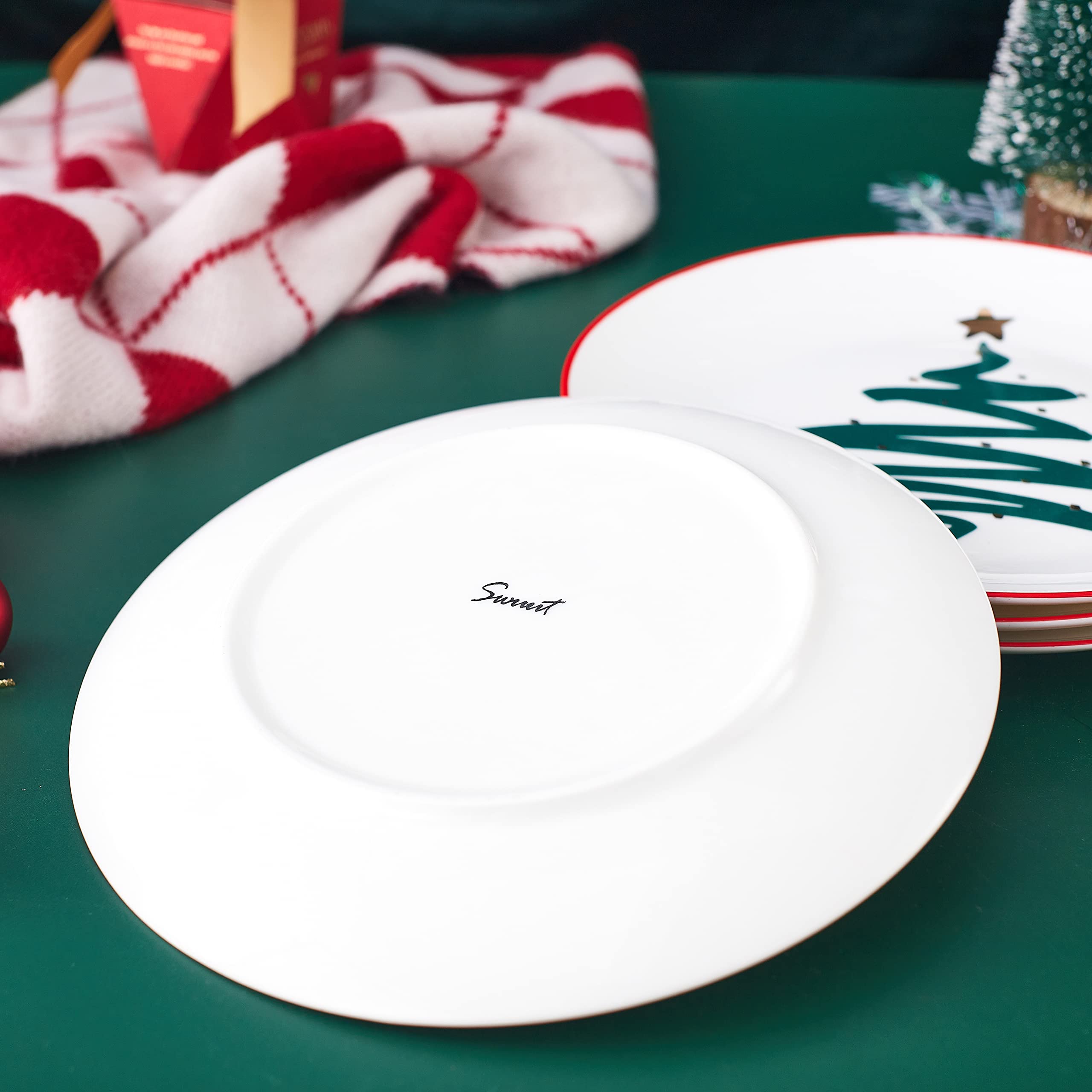Premium Christmas Bone China Dessert Plates Set of 4 - 8 Inch Elegant Salad Plates, Oven & Dishwasher Safe - Holiday Tree Design for Festive Dining, Party Serving & Special Occasions