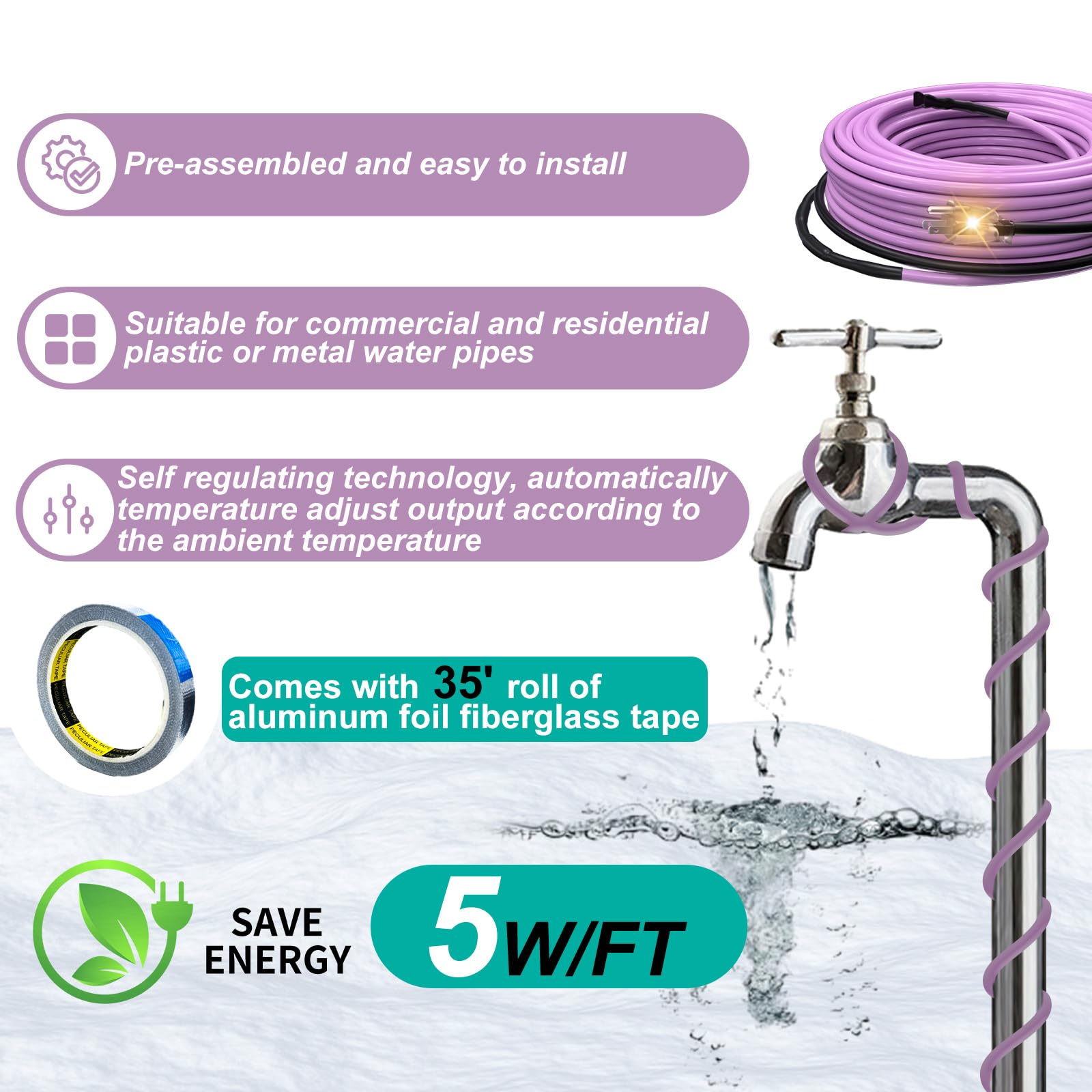 2FT Self-Regulating Pipe Heat Cable for Freeze Protection -40°F | Prevents Frozen Water Pipes in Winter | Ideal for Outdoor Plumbing, Basements & RVs
