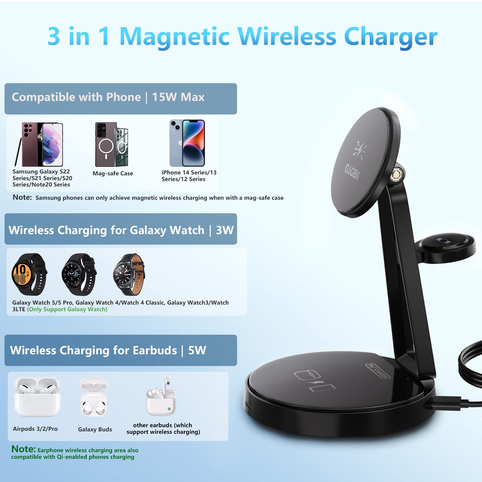 3-in-1 Fast Wireless Charging Station for Samsung Galaxy S24/S23/S22/S21/Note 20 Series - MagSafe Charger Stand Dock for Galaxy Watch 7/6/5/5 Pro/4/3 & Buds+/Live - Perfect for Home, Office & Travel