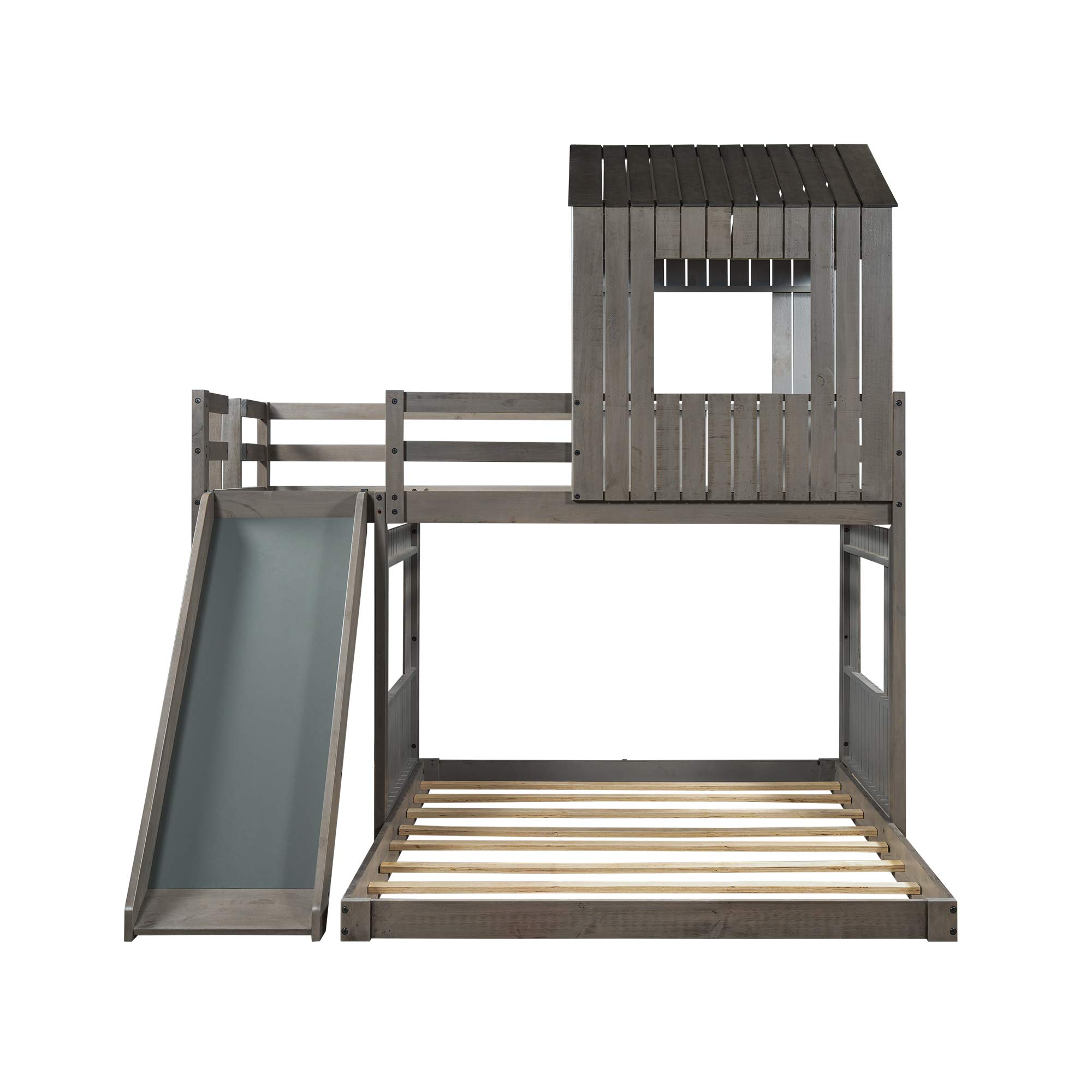SOFTSEA Wooden Loft Bunk Bed Twin Over Full with Playhouse, Ladder, Slide & Safety Rails - Farmhouse Style Kids Bedroom Furniture (Antique Gray) - Perfect for Siblings Sharing Rooms, Daycare Centers & Vacation Homes