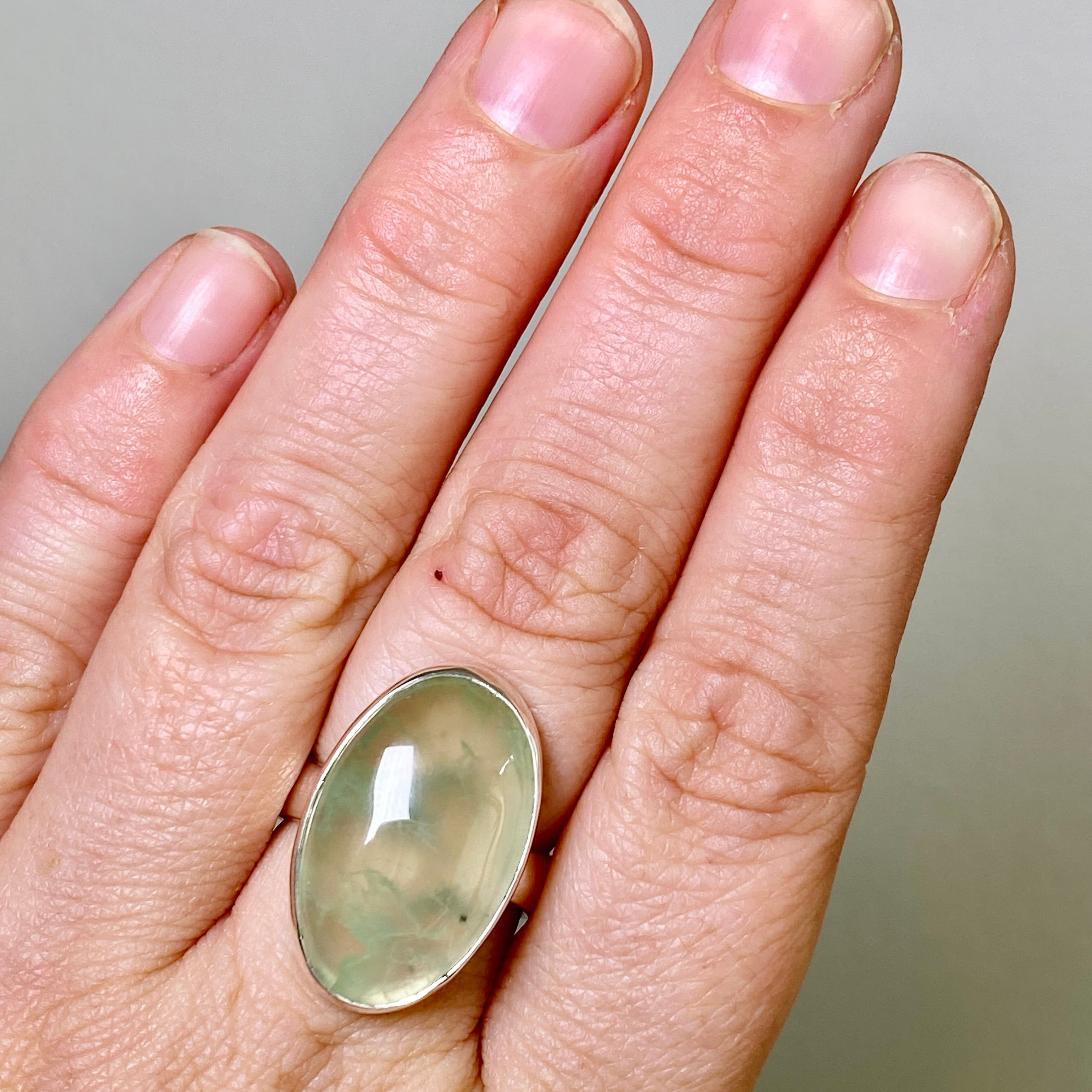 Prehnite Oval Cabochon Ring - Size 8 Sterling Silver Jewelry KRGJ3355 | Perfect for Boho Chic Outfits & Spiritual Healing