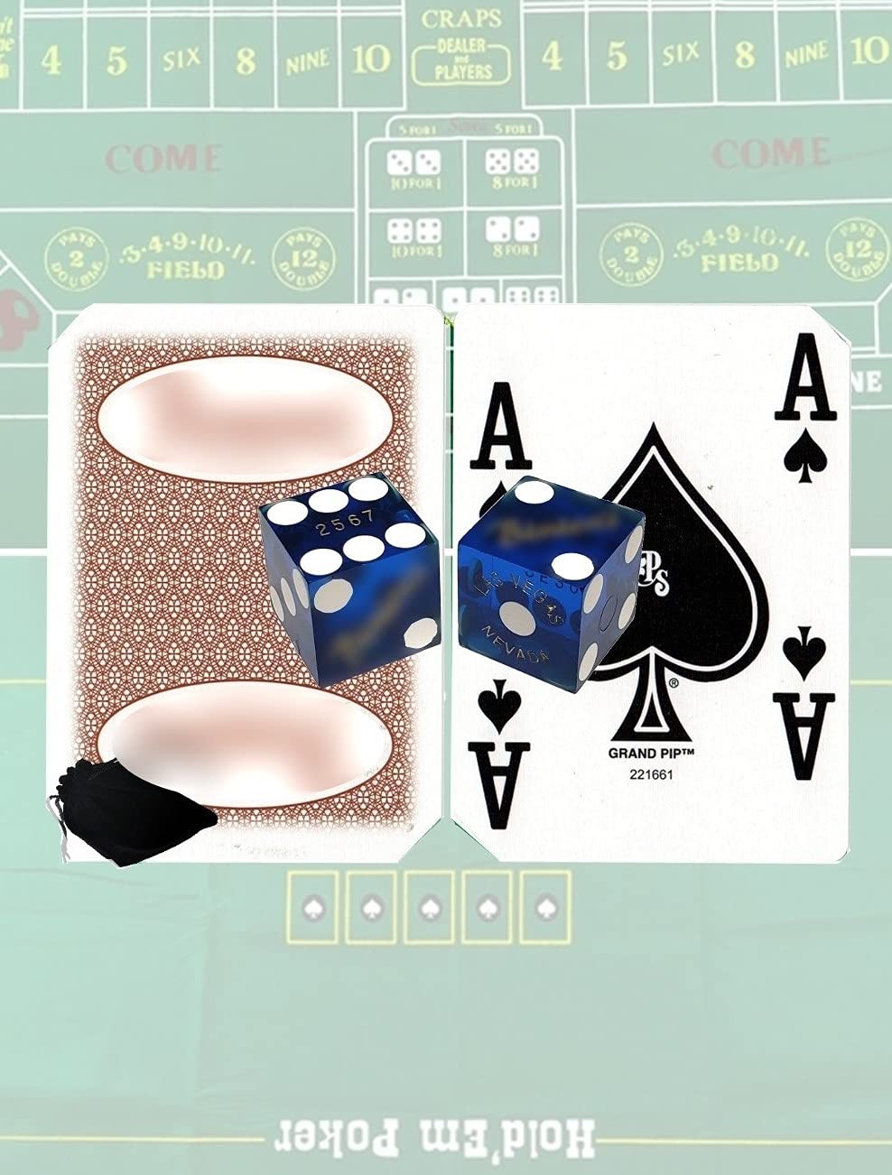 Premium Las Vegas Casino Playing Cards & Nevada Casino Craps Dice Set - 5pc Bundle with 2 Decks, 2 Dice Pairs & Black Velvet Pouch - Perfect for Poker Nights, Gambling Parties, Casino Themed Events and Game Collections