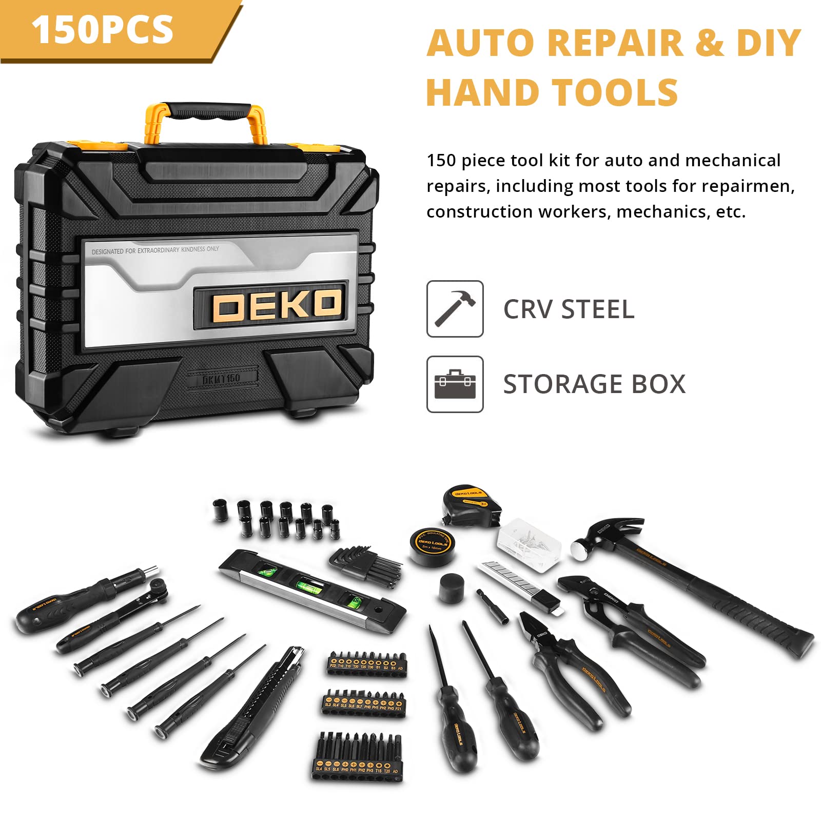 DEKOPRO 150-Piece Home Repair Tool Kit with Plastic Toolbox - Complete Household Hand Tool Set for DIY Projects, Car Maintenance & Emergency Fixes | Perfect for Home Improvement, Plumbing & Electrical Work