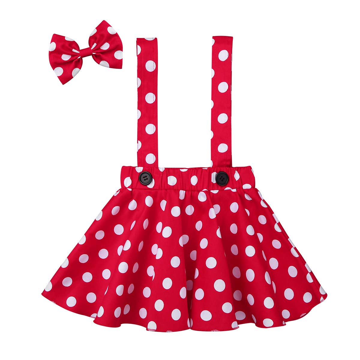 ACSUSS Toddler Girls Cotton Pleated Polka Dot Suspender Skirt Set with Bow Hair Clips - Cute Outfit for Baby Photos, Birthday Parties & Special Occasions