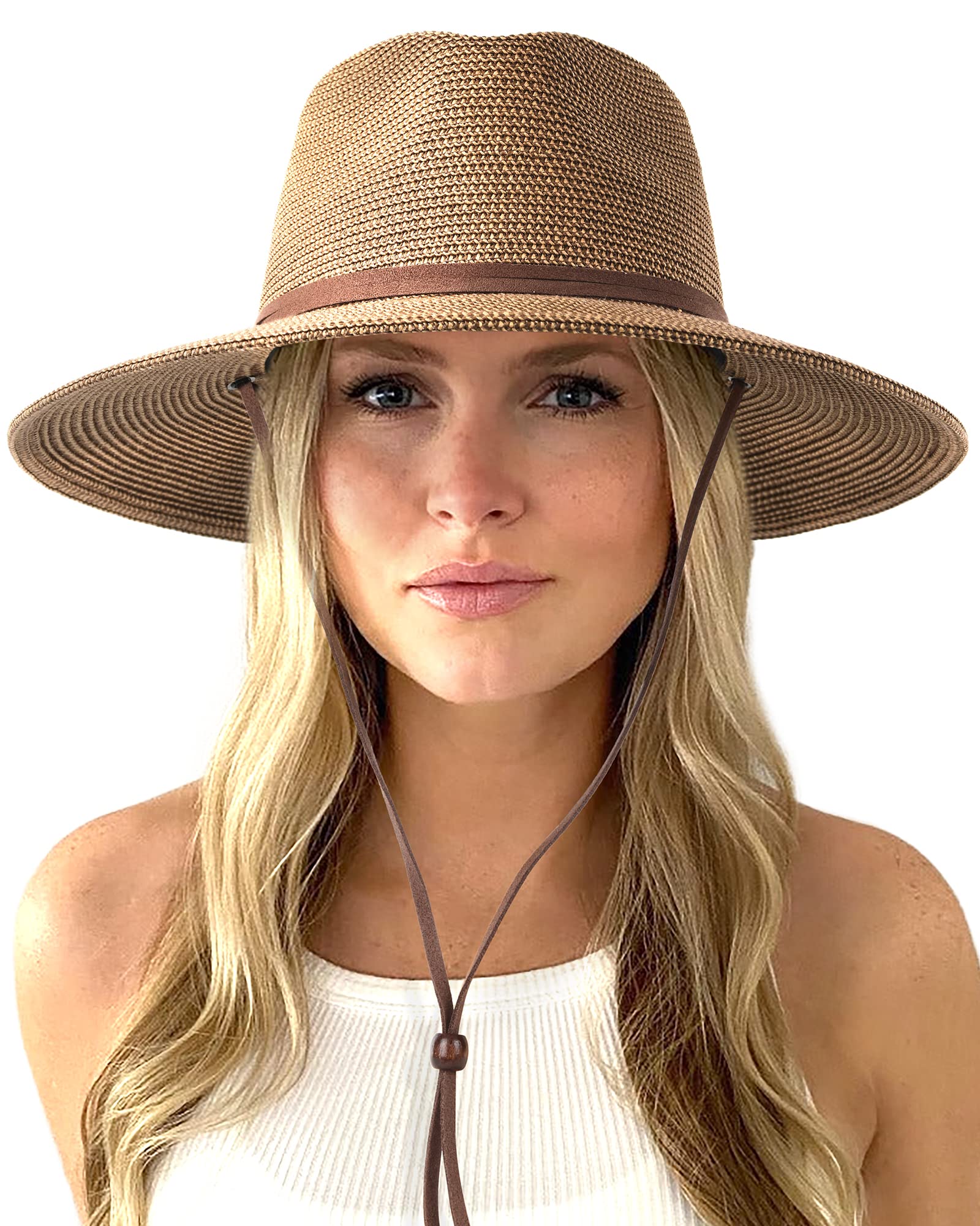 FURTALK Women's Summer Straw Sun Hat Wide Brim Panama Fedora Beach Hat with Wind Lanyard UPF 80+ UV Protection - Perfect for Beach, Pool, Vacation & Outdoor Activities