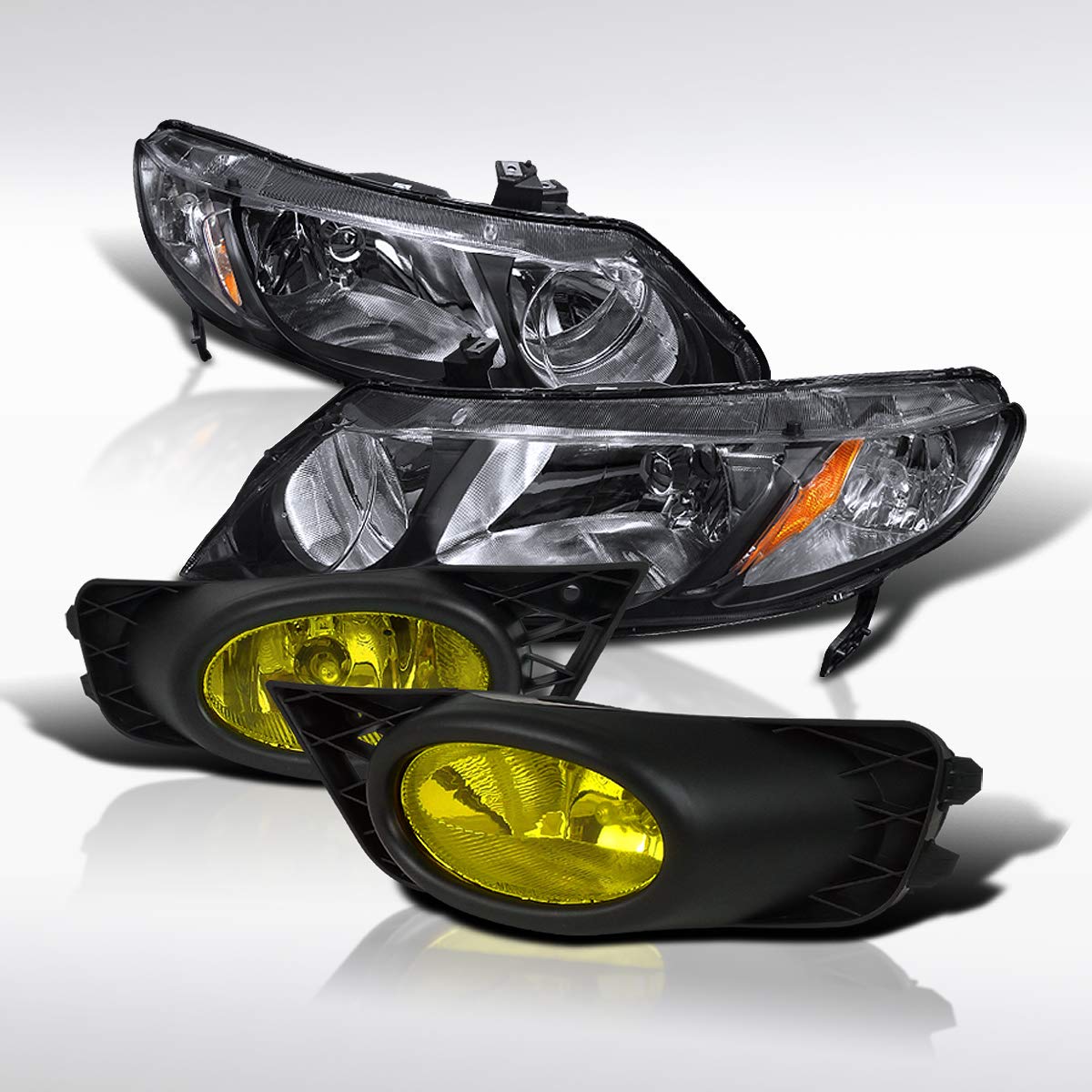 Spec-D Tuning Crystal Black Headlights & Yellow Bumper Fog Lights for Honda Civic 4Dr - Upgrade Your Ride with Enhanced Visibility & Style for Night Driving & Foggy Conditions