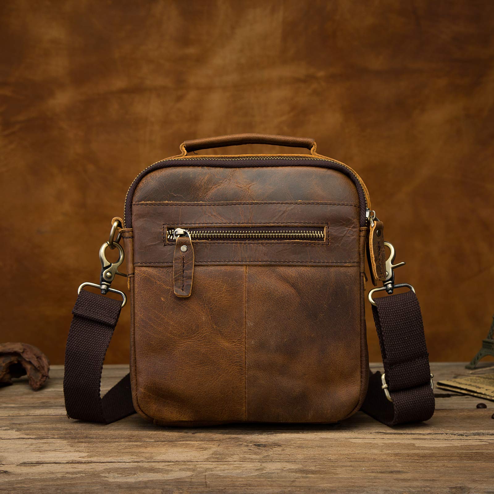 **Men's Genuine Crazy Horse Leather Crossbody Messenger Bag - Durable Shoulder Satchel for 8