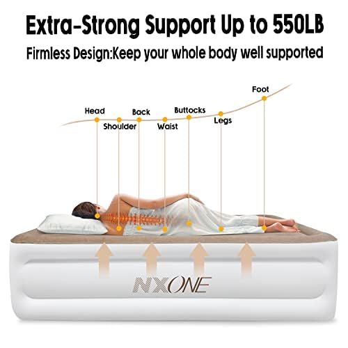 **NXONE Air Mattress - Inflatable Single/Double Airbed with Built-in Electric Pump, High Capacity 550lb - Portable Guest Bed for Home, Camping & Travel - Perfect for Sleepovers, Outdoor Adventures & Emergency Use**