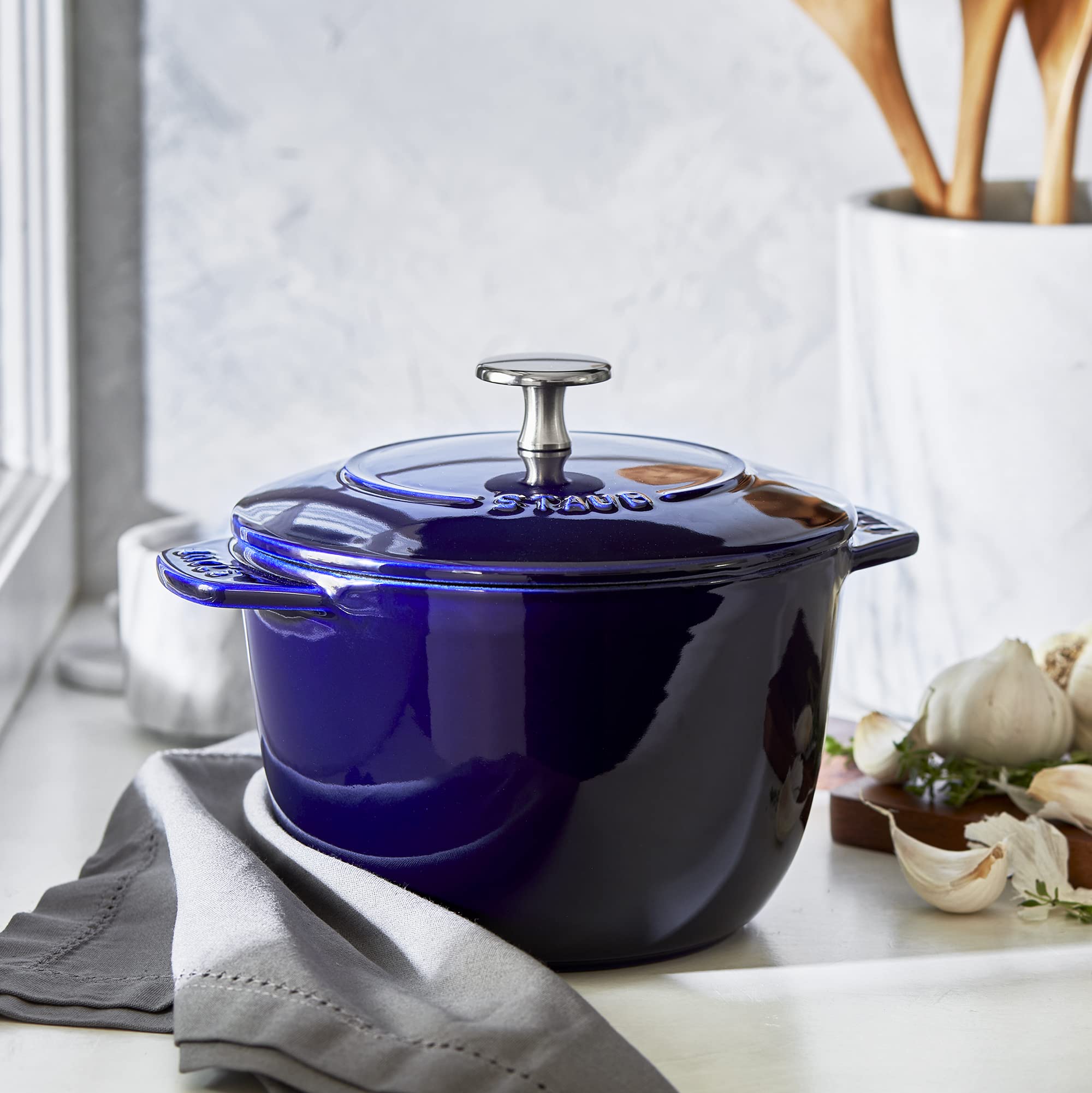 Premium Staub Cast Iron 1.5-Quart Petite French Oven - Authentic Dark Blue Enameled Dutch Oven, Made in France | Perfect for Soups, Stews, Baking & Slow Cooking