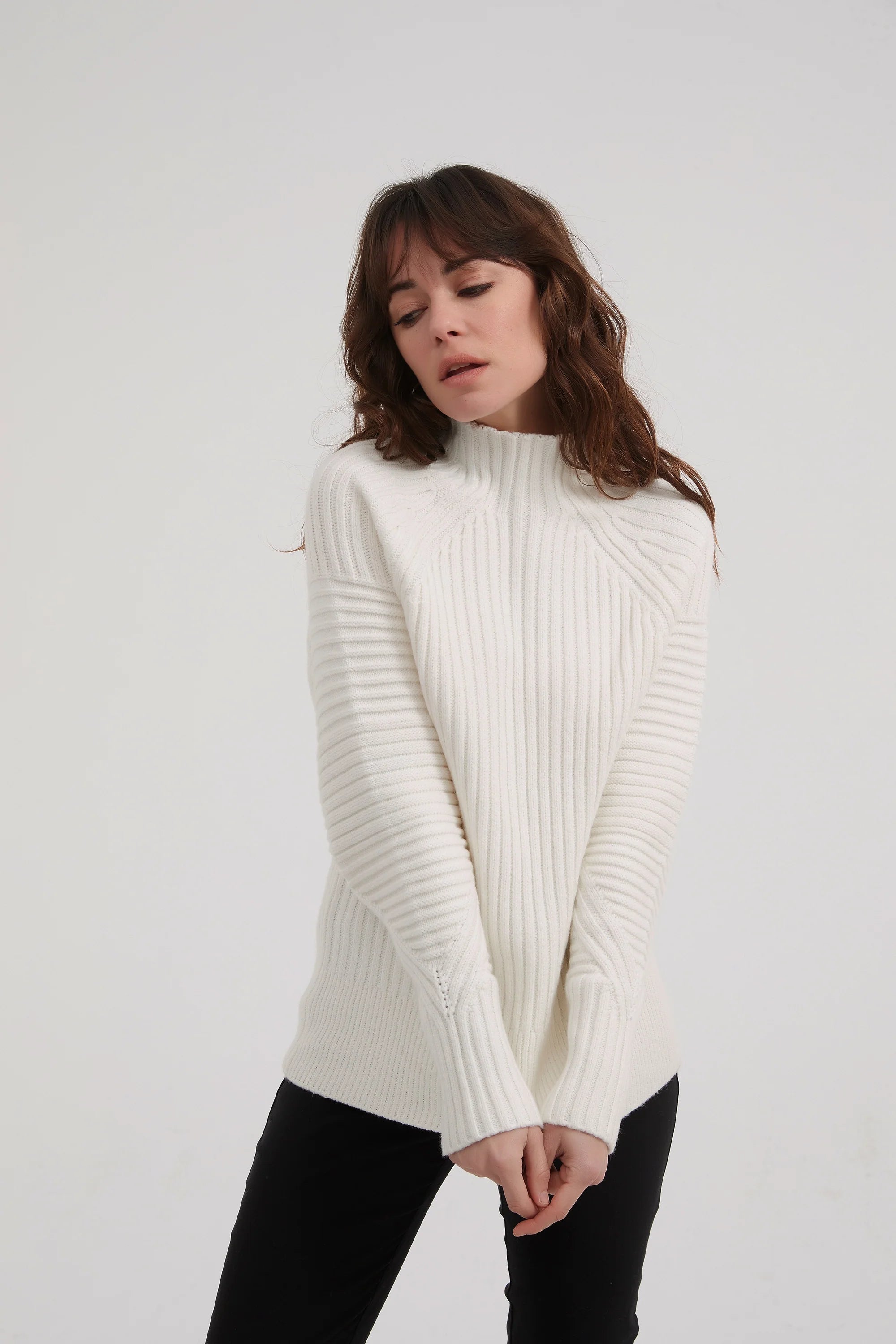 Fitted Rib Knit Ivory Sweater - Soft & Stretchy Women's Pullover for Casual Wear & Layering