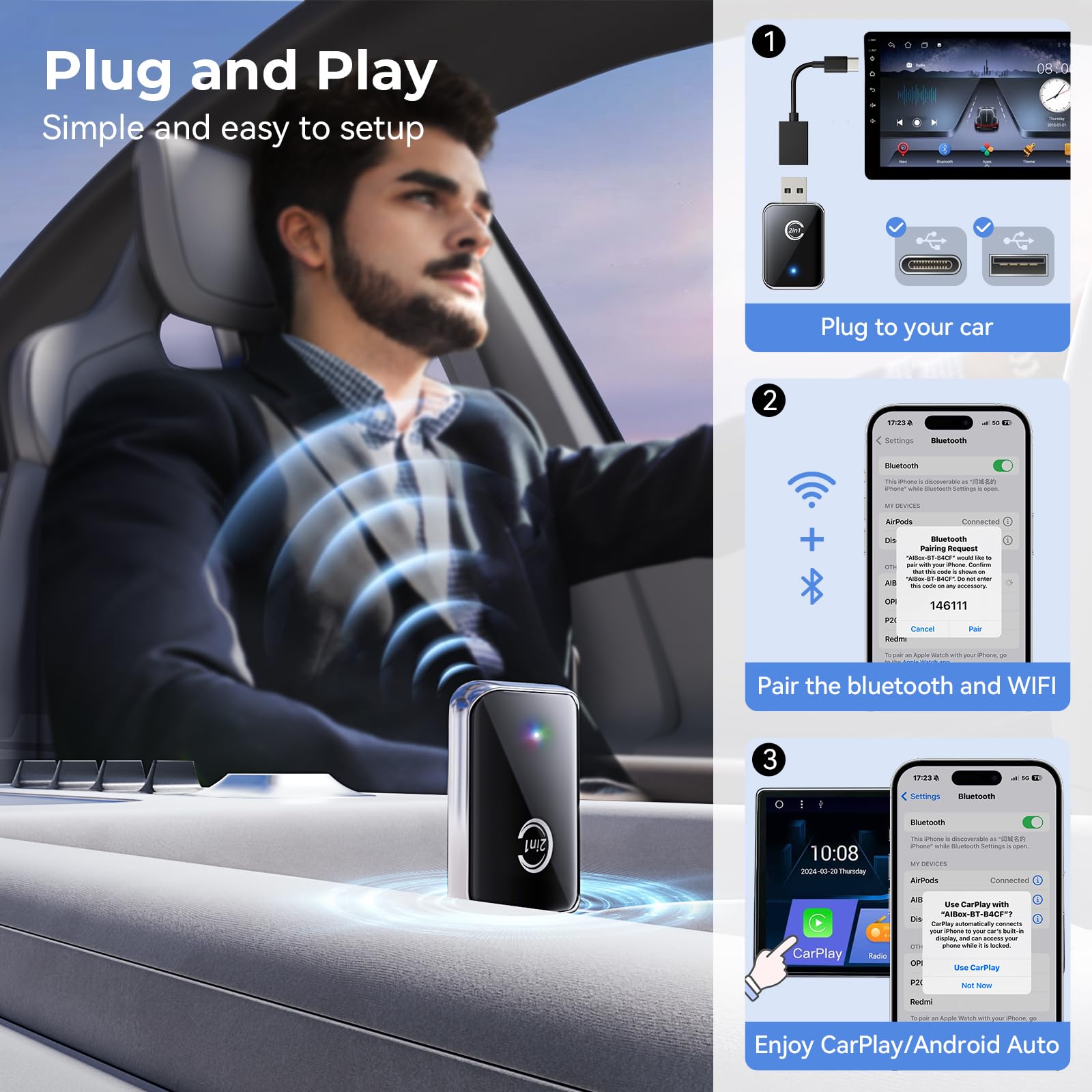 Wireless CarPlay Adapter for iPhone - Convert Wired to Wireless CarPlay & Android Auto - Plug & Play for iOS 10+ & Android 11+ - Compatible with Built-in CarPlay Cars (Silver) - Perfect for Hands-Free Driving & Seamless Music Streaming