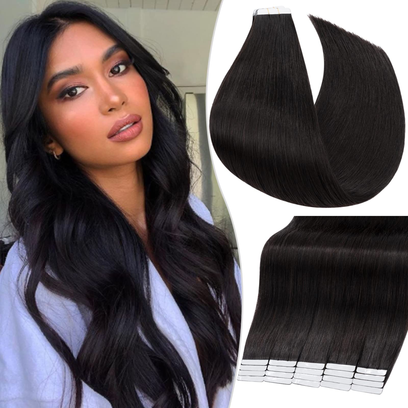40pcs 100g Black Tape-in Hair Extensions - Remy Human Hair, Seamless Skin Weft, Invisible Double-Sided Tape for Full Head, 14 Inch Straight #1B Natural Black - Perfect for Daily Wear, Parties & Special Occasions