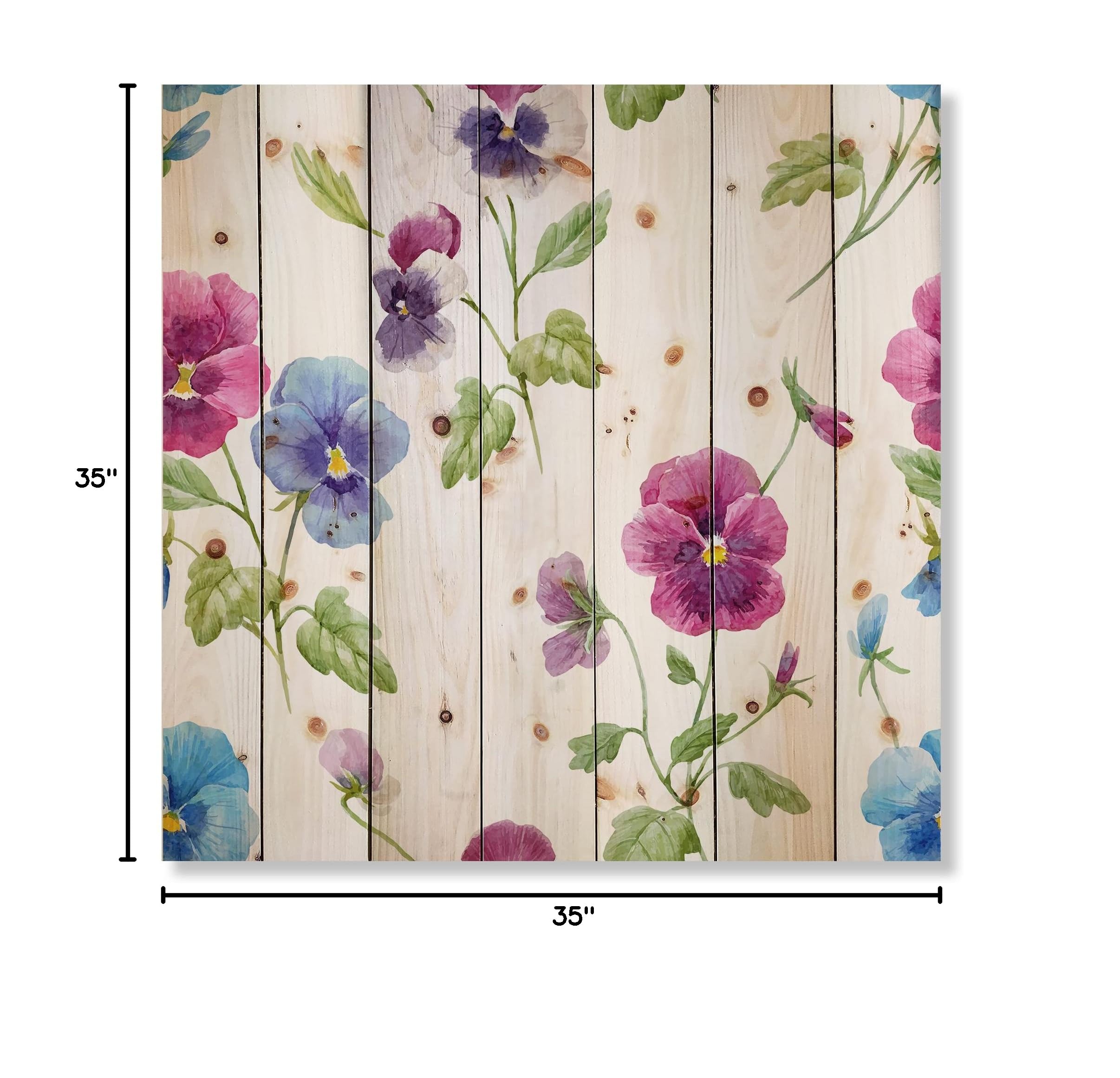 DesignQ Pink and Blue Pansy Flowers Traditional Wood Wall Decor - Large Floral Pine Wood Art Panel for Living Room, Bedroom, and Office Decoration