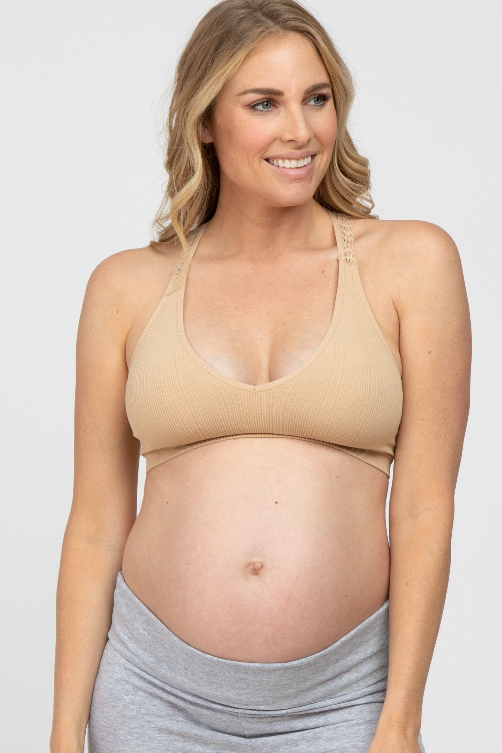Beige Lace Racerback Maternity Bralette - Comfortable Nursing Bra for Pregnant & Breastfeeding Women - Perfect for Everyday Wear, Yoga & Sleep