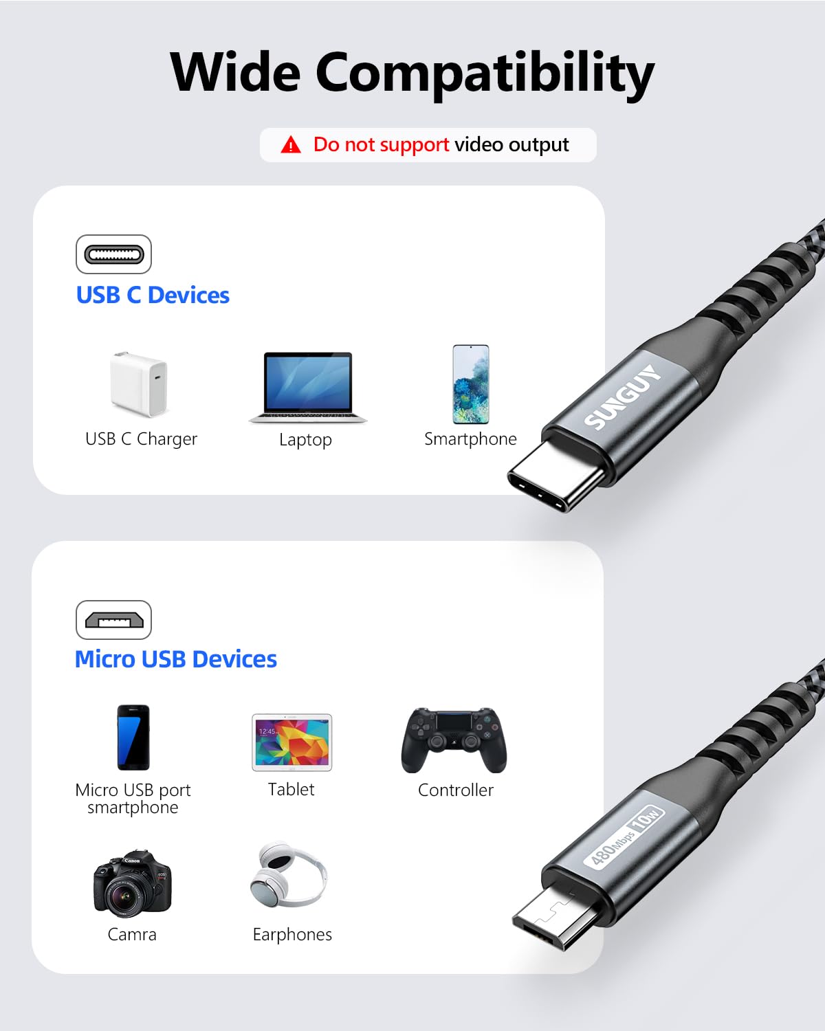 SUNGUY USB C to Micro USB Cable 0.5M - Fast Charging Cord for Micro USB Devices - Compatible with MacBook Pro, Samsung Galaxy S20/S10/S9/S9+, Moto Z/Z2 - Perfect for Home, Office & Travel Charging (Grey)