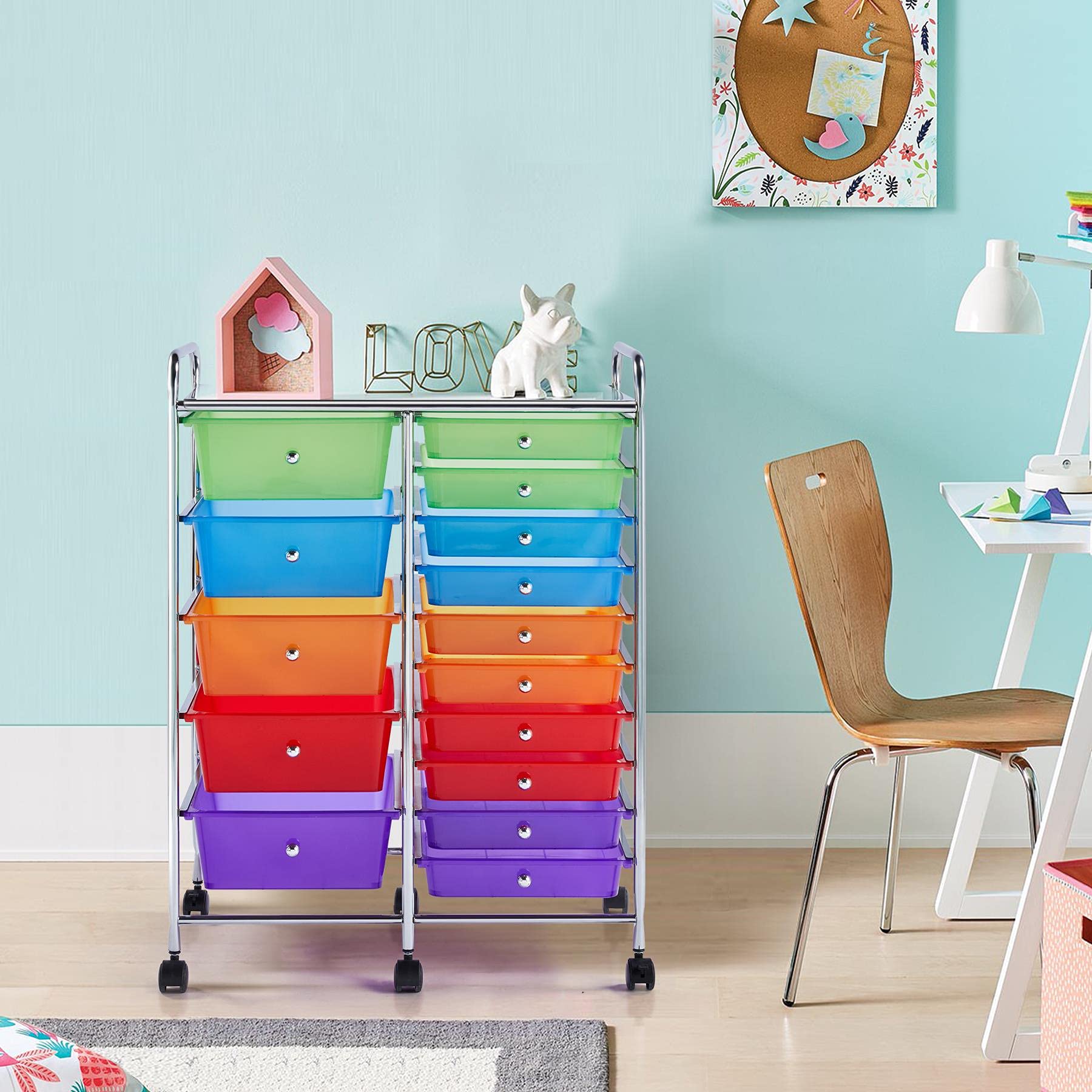 Yaheetech 15-Drawer Rolling Cart - Mobile Storage Organizer for Craft Supplies & Tools