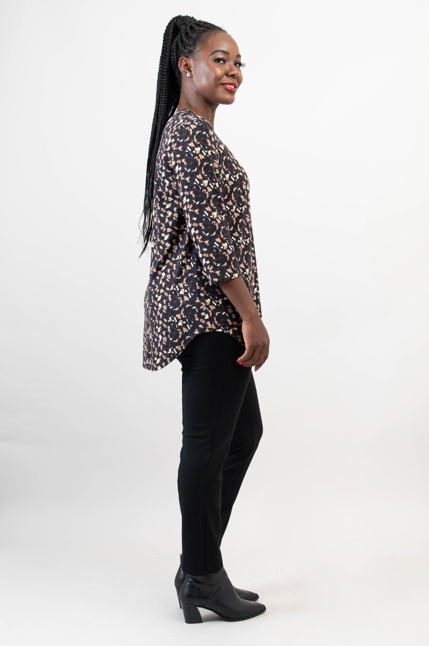 Jackie 3/4 Sleeve Women's Top - Soft Bamboo Fabric with Calico Print - Breathable & Comfortable for Yoga, Work & Casual Wear