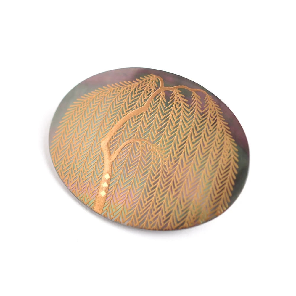 Handcrafted Japanese Maki-e Urushi Lacquer Brooch with Black Lip Oyster Pearl Shell & Willow Tree Design - Traditional Artisan Jewelry for Women, Gift for Special Occasions, Weddings & Formal Events