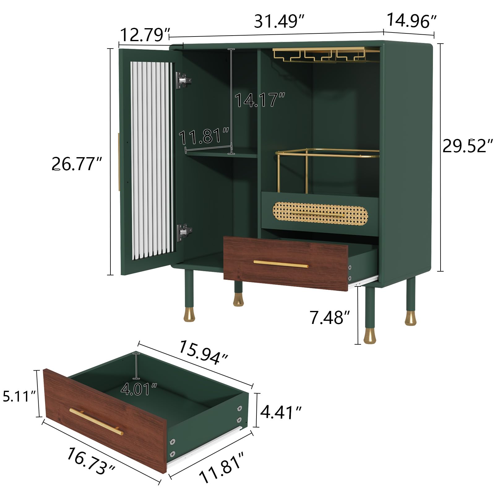 Modern Coffee Bar Cabinet with Wine Glass Rack & Storage Drawers - Green Kitchen Liquor Cabinet with Pull-Out Wine Rack for Dining Room, Living Room & Home Bar - Perfect for Entertaining Guests & Stylish Home Decor