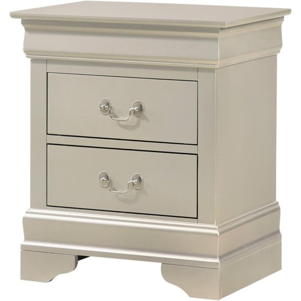 Glory Furniture Louis Phillipe 2-Drawer Nightstand in Silver Champagne - Elegant Bedside Table for Bedroom Decor & Storage
