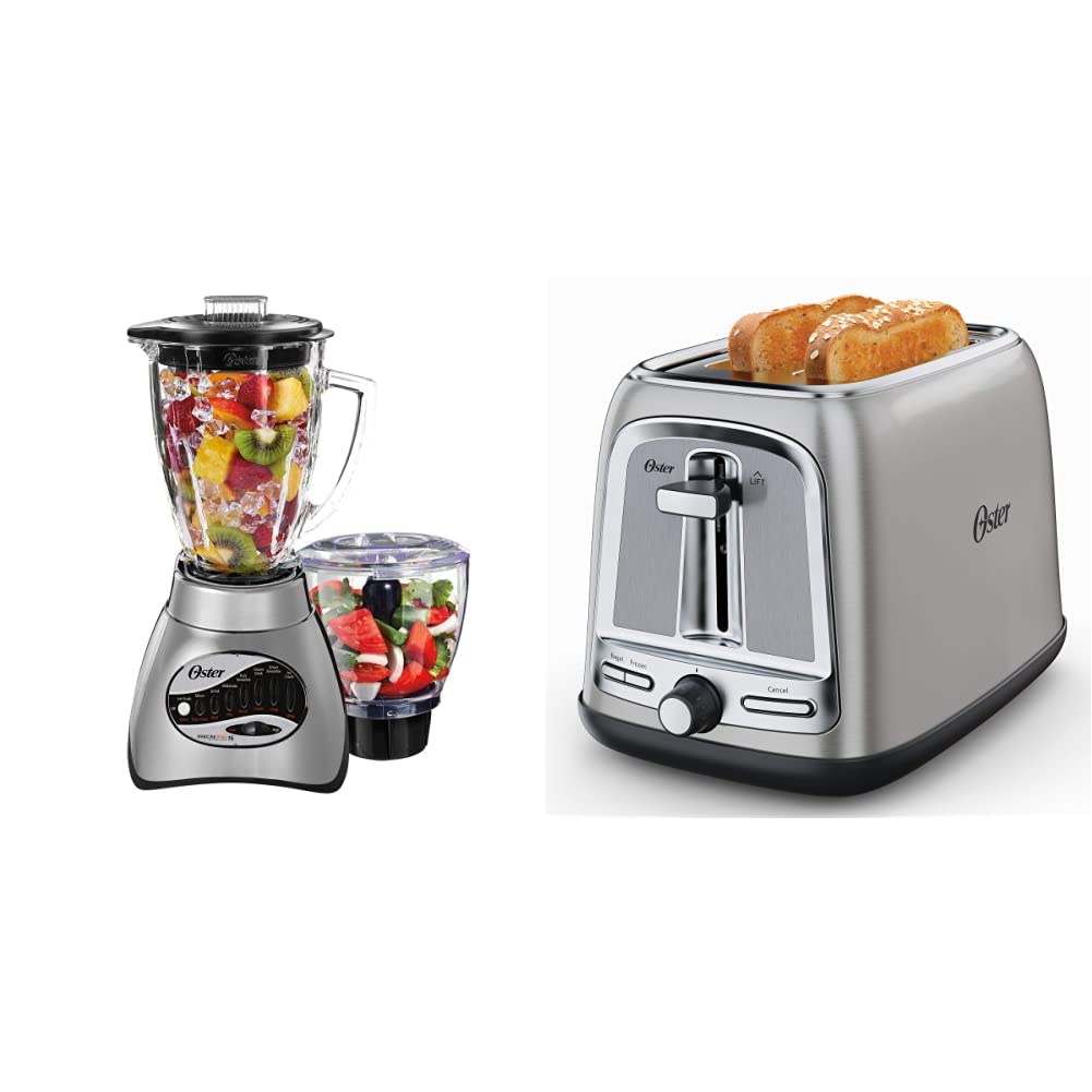 Oster Core 16-Speed Blender with 48oz Glass Jar & 2-Slice Toaster Set - Black & Stainless Steel - Perfect for Smoothies, Shakes & Breakfast Prep - Advanced Toast Technology for Even Browning