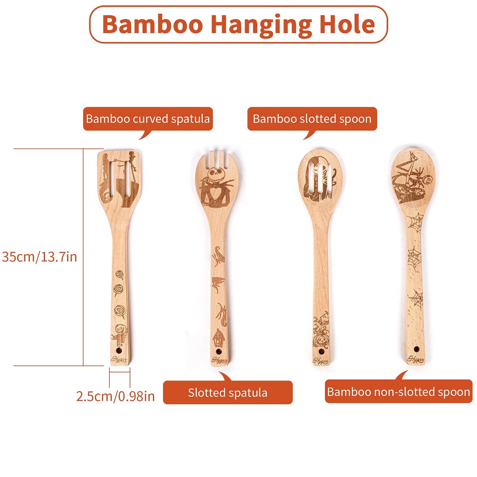 Premium Wooden Kitchen Utensil Set - 6-Piece Natural Wood Cooking Spoon Set with Holder - Ideal Housewarming Gift, Wedding Present & Christmas Gift - Perfect for Baking, Cooking & Serving (Nightmare Before Christmas Theme)