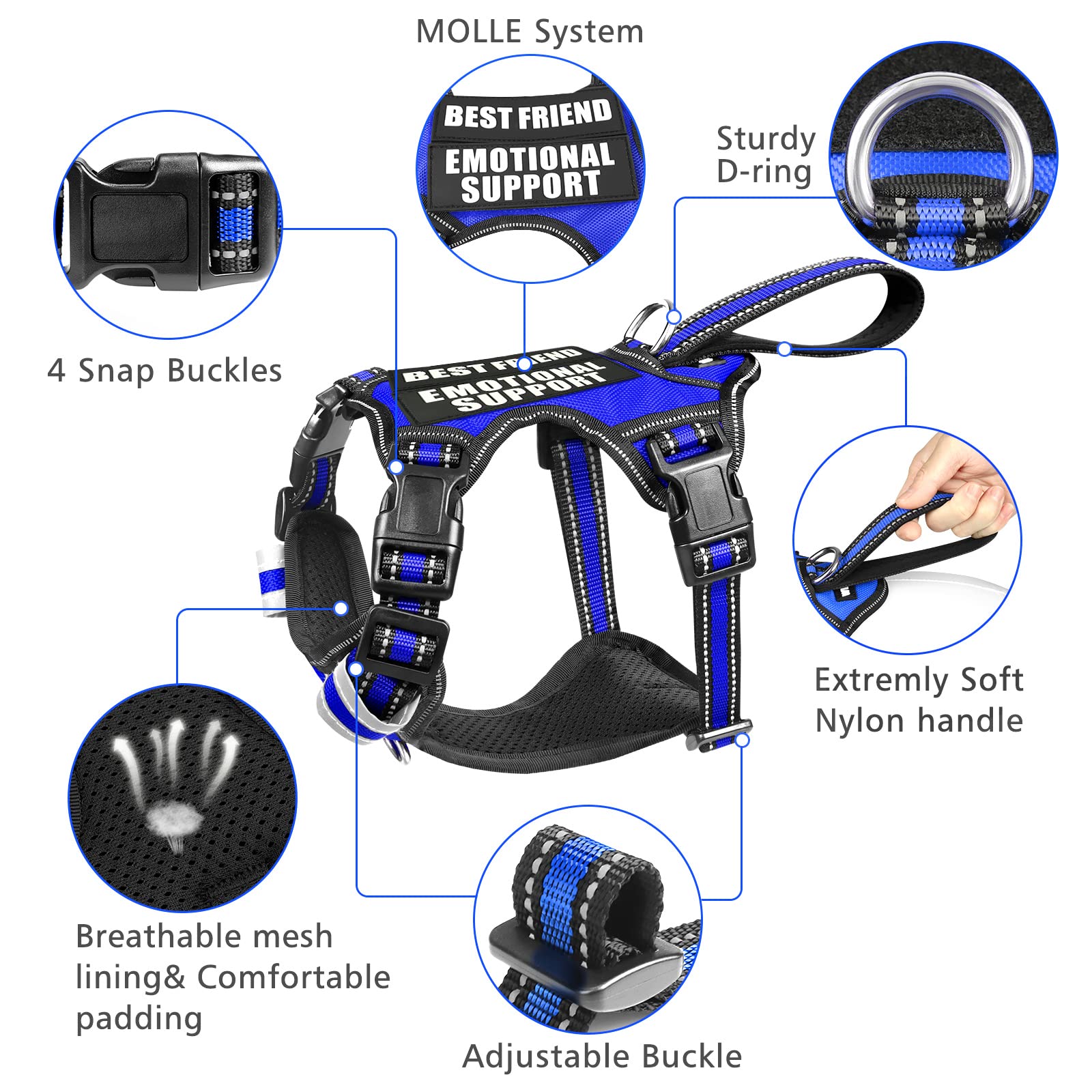 WINSEE No Pull Service Dog Vest with 7 Patches - Reflective Training Harness with Padded Handle for Small to XL Dogs (X-Large, Dark Blue) - Perfect for Therapy Work, Public Access & Outdoor Adventures