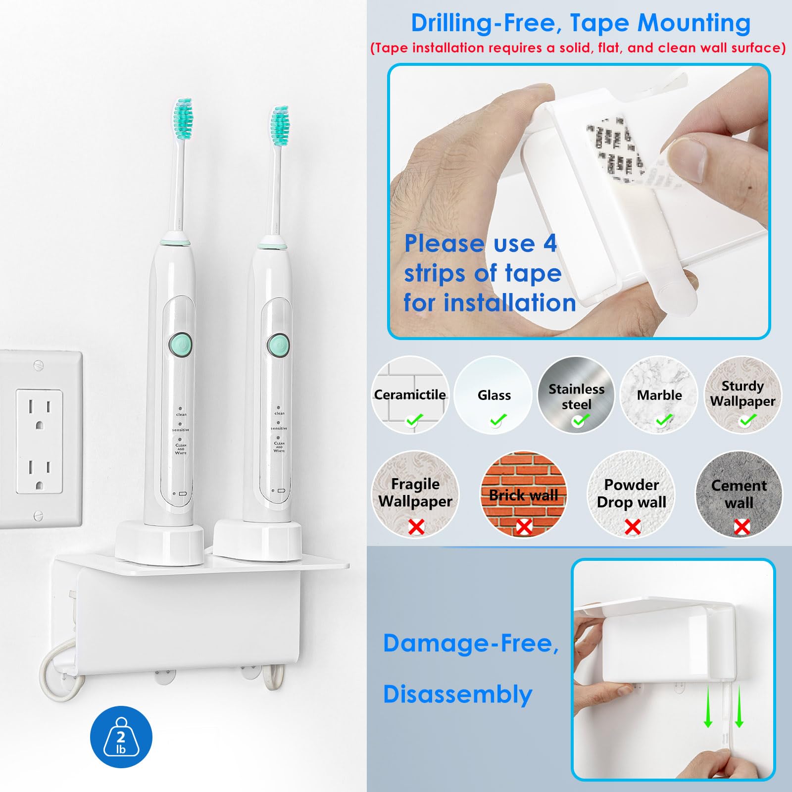 OAPRIRE Acrylic Wall Mount Electric Toothbrush Holder with Cable Organizer - Space Saving Bathroom Organizer for Oral Care Essentials - Perfect for Charging Toothbrushes in Small Bathrooms & Vanities (White)