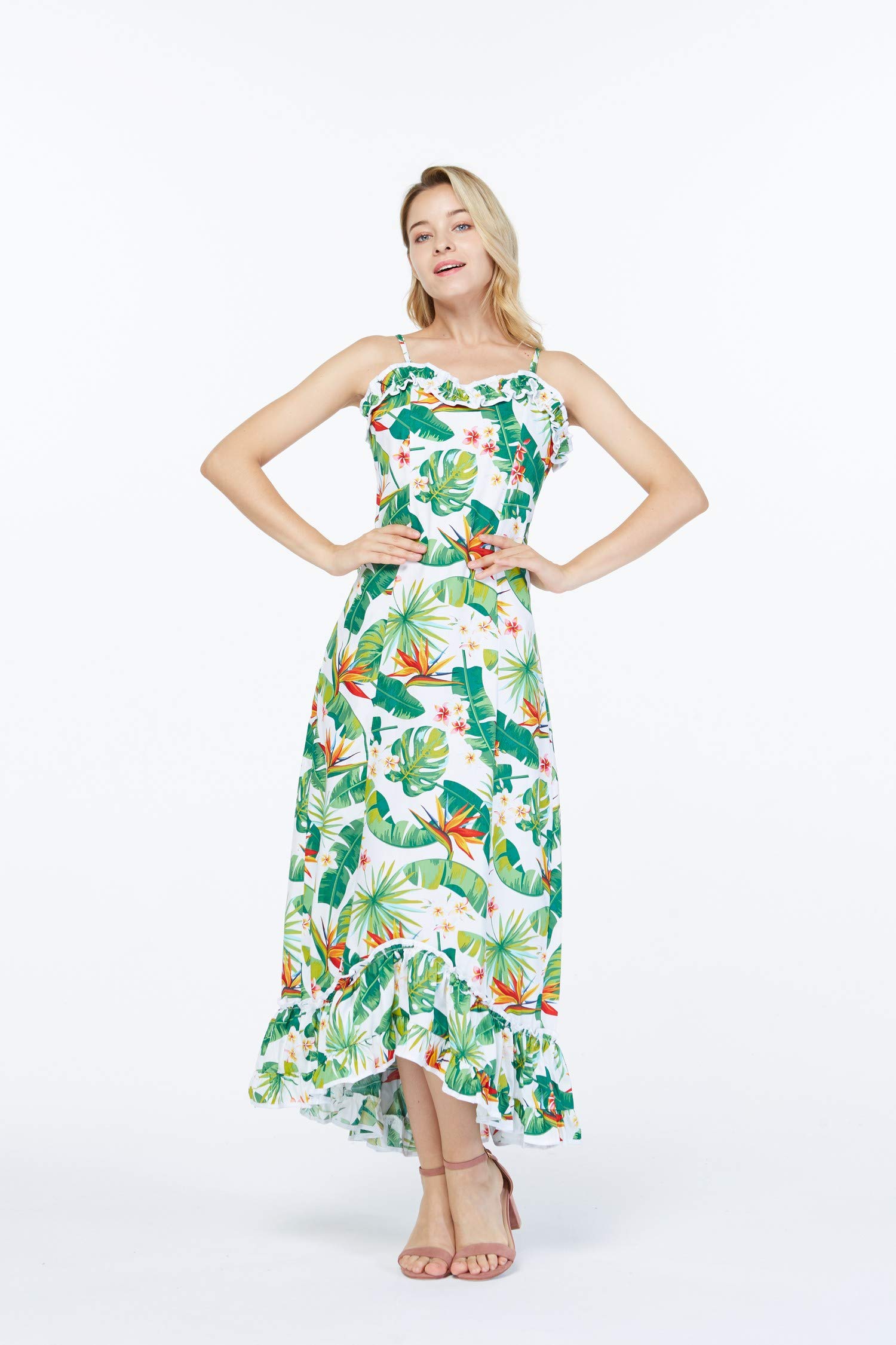 Hawaiian Couple Matching Luau Long Sleeve Shirt & Muumuu Dress - Tropical Bird of Paradise Print White - Perfect for Beach Parties, Hawaiian Theme Weddings and Vacation Outfits