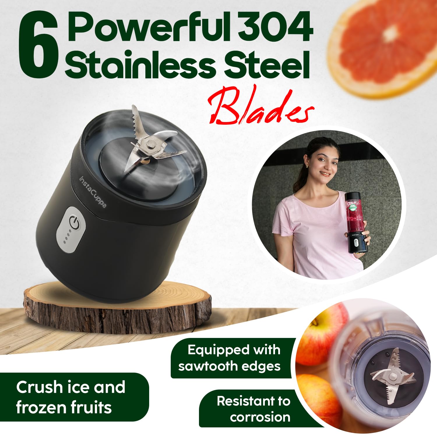 InstaCuppa Portable Blender - 4000mAh USB Rechargeable Smoothie Maker with 230W Motor, 500ml Capacity | Crushes Ice for Juices & Shakes | Perfect for Busy Moms, Gym, Office & Travel | Electric Mixer Juicer for Healthy Drinks