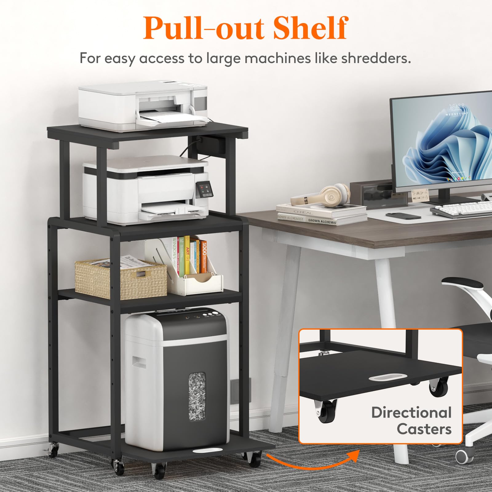 Lifewit 4-Tier Rolling Printer Stand with 3 Power Outlets, Adjustable Storage Shelf & Wheels - Mobile Office Cart for Printer, Scanner, Shredder, Fax Machine - Perfect for Home Office Organization & Workspace Storage (Black)