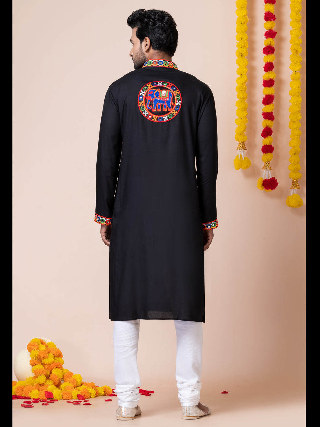 Black Navratri Special Men's Kurta Churidar Set with Machine Embroidery & Lace Work - Traditional Indian Ethnic Wear for Festivals, Weddings & Special Occasions