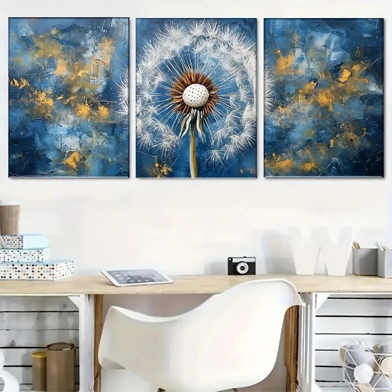 3-Piece Abstract Blue and Golden Dandelion Wall Art Set - Framed Canvas Prints 40x60cm (16x24in) - High Quality Australian Made Ready-to-Hang Home Decor for Living Room, Bedroom & Office