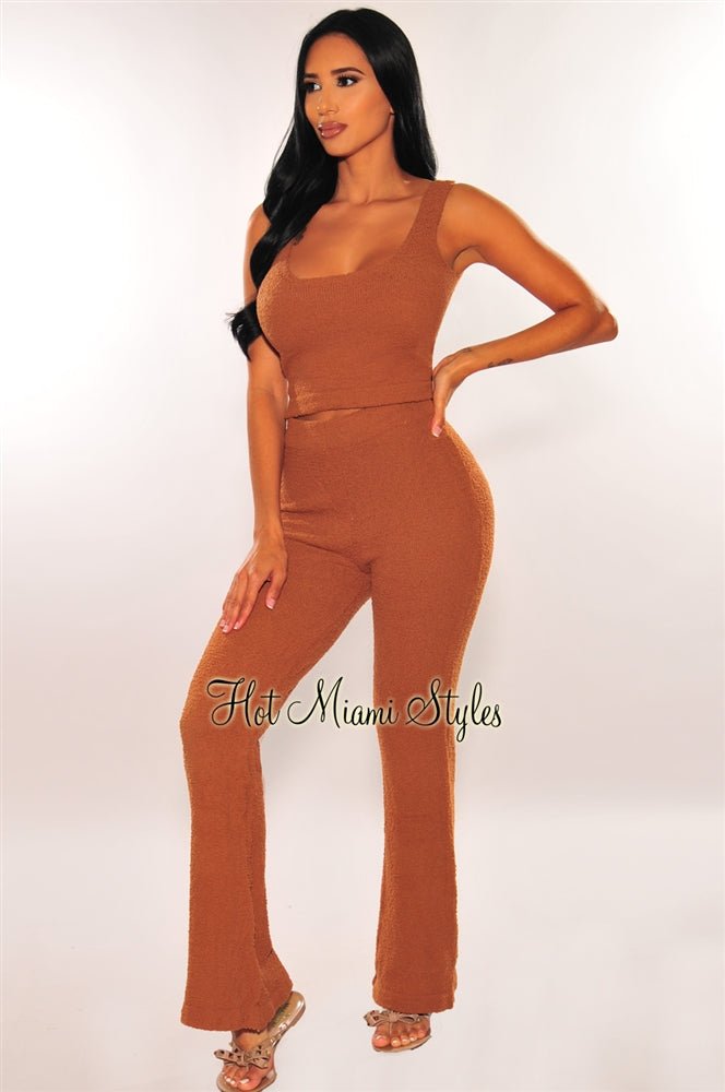 HMS Lounge Toffee Fuzzy Tank Top & High Waist Palazzo Pants 2-Piece Set - Soft Loungewear for Women, Comfortable Outfit for Home, Yoga, and Relaxation