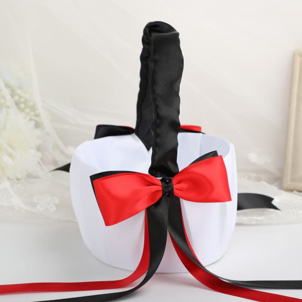 Elegant Black and Red Bowknot Flower Girl Basket with Handle - Wedding Ceremony Party Decoration for Romantic Bridal Showers, Receptions & Photo Props
