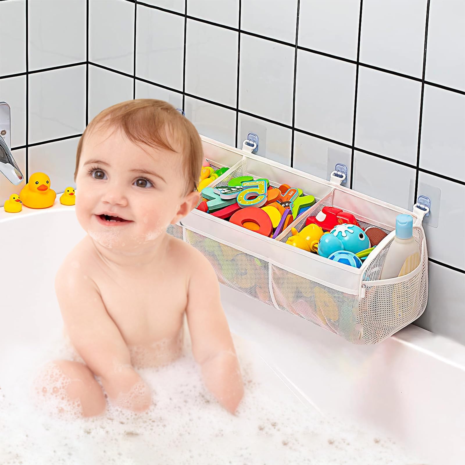 Bath Toy Storage Bag with 4 Hooks - Mesh Organizer for Bathtub Toys, Waterproof Toy Holder & Sorter - Perfect for Kids Bath Time Organization (White)