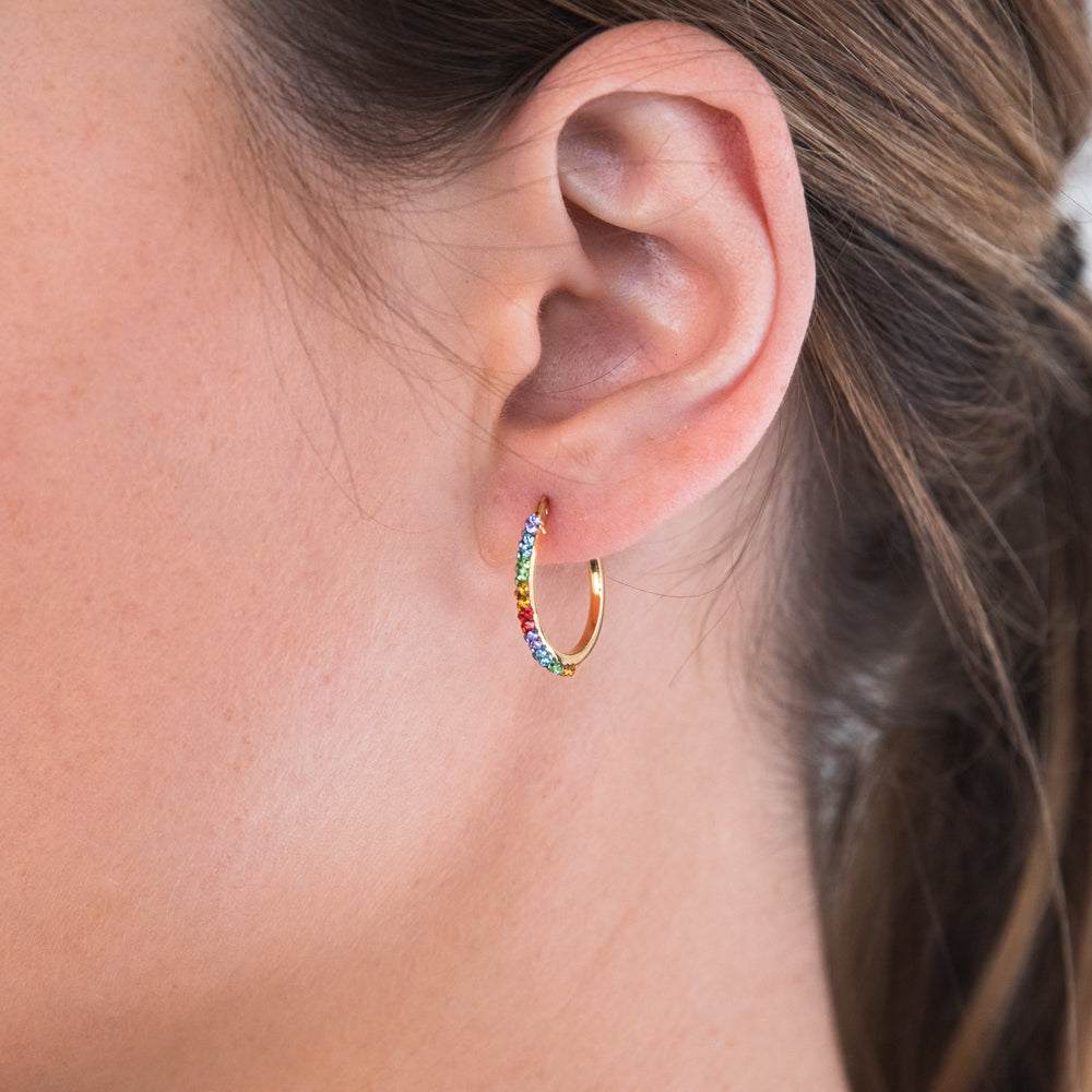 9ct Silver Filled Yellow Gold Rainbow Multi Color Crystal 15mm Hoop Earrings for Women | Elegant Party & Wedding Jewelry Gift