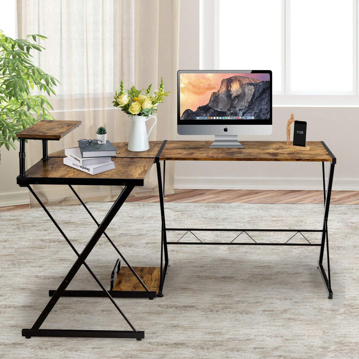Modern L-Shaped Reversible Corner Desk with CPU Stand - Sturdy Multifunctional Home Office Computer Table, Detachable Design in Brown | Perfect for Small Spaces & Workstations