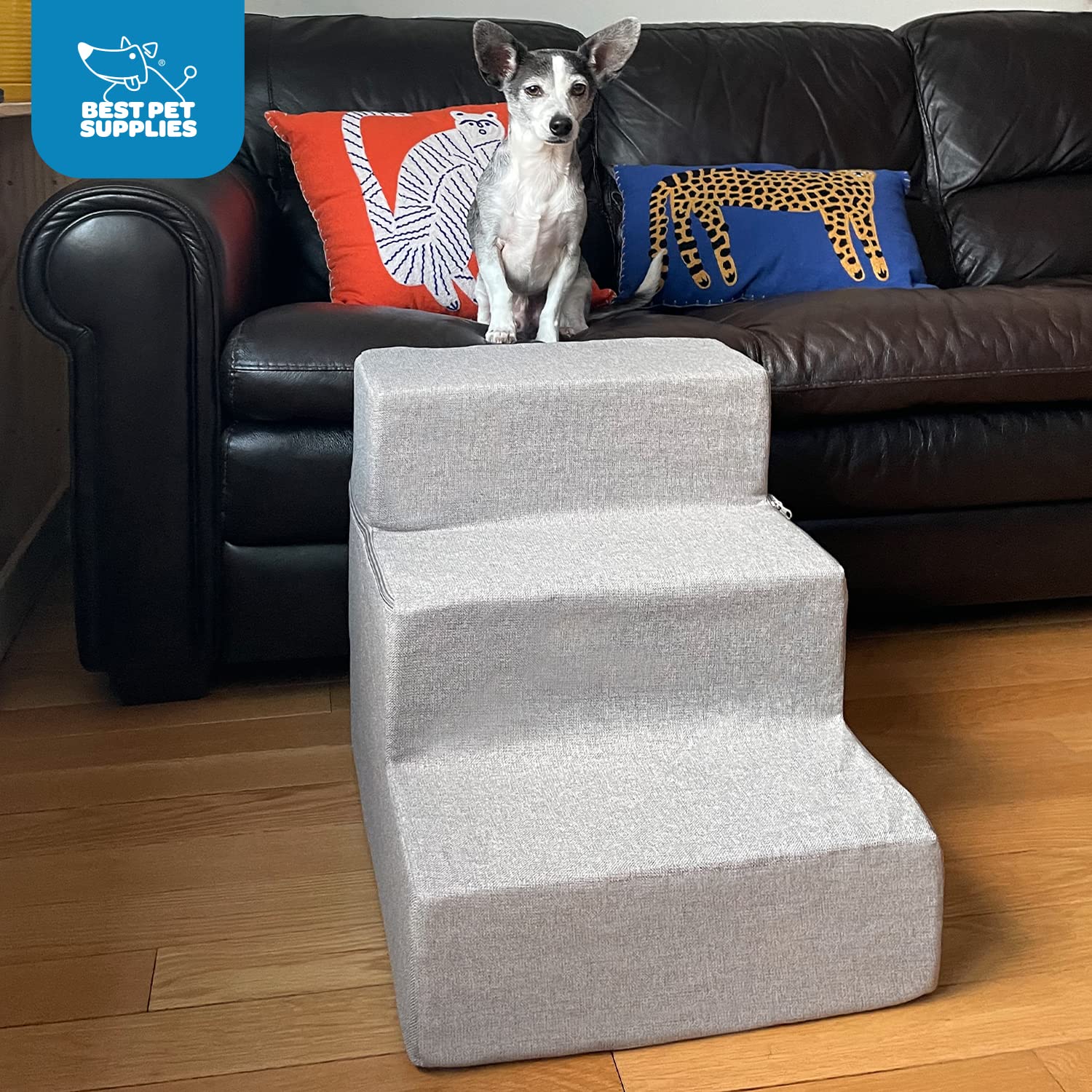 Best Foldable Foam Pet Steps for Small Dogs & Cats - Portable Pet Ramp Stairs for Couch, Sofa & High Bed - Non-Slip Balanced Indoor Steps with Paw-Safe Design - Ash Gray Linen 3-Step - Perfect for Elderly Pets & Post-Surgery Recovery