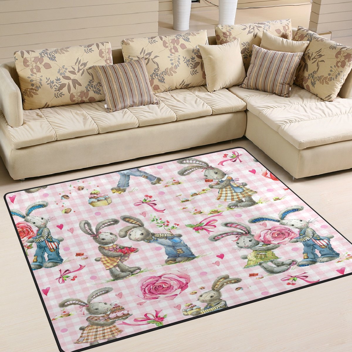 ALAZA Cute Rabbit Rose Flower Plaid Area Rug - Soft Non-Slip 5'3
