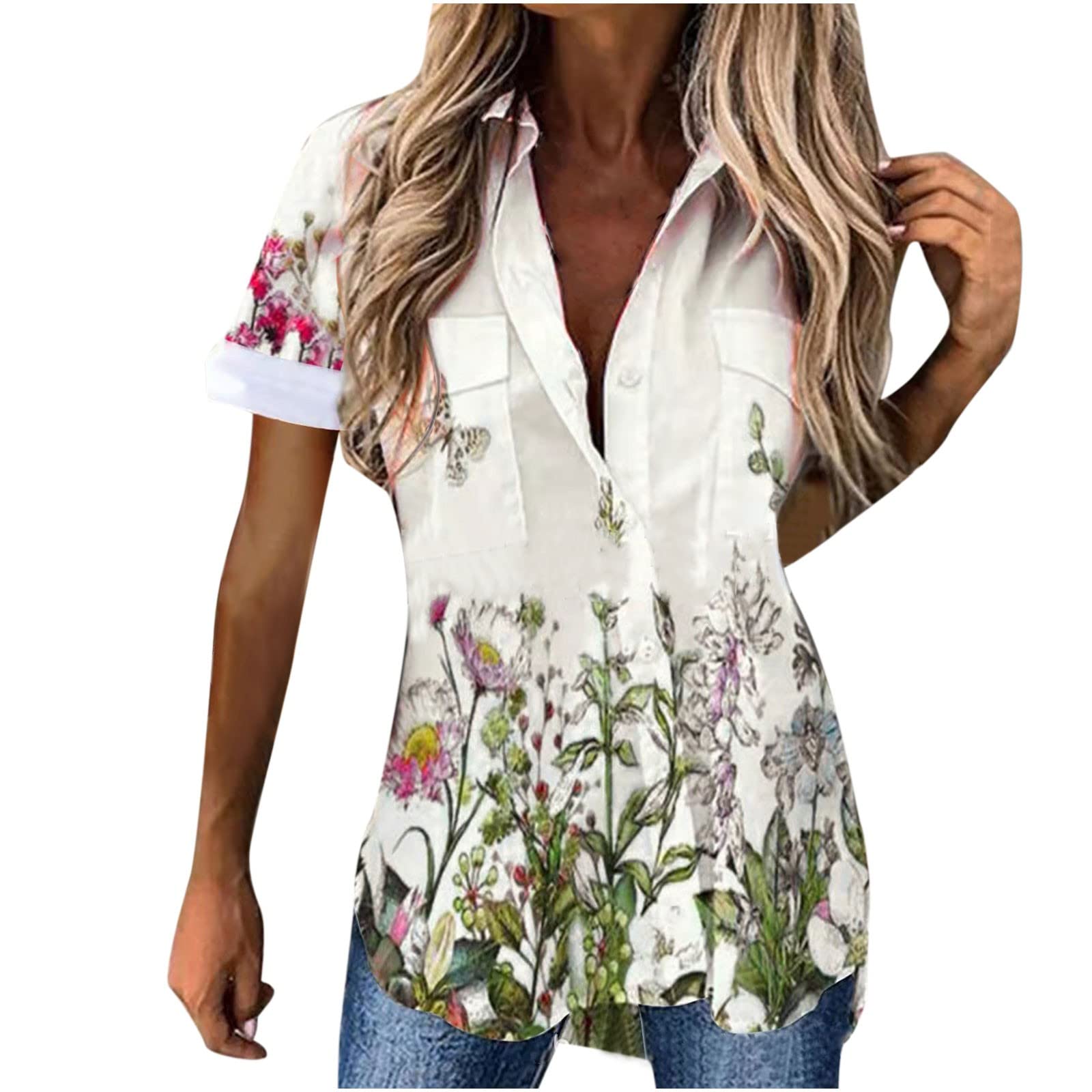 Trendy 2022 Women's Summer Tops - Casual V-Neck Button Down Short Sleeve Blouse with Loose Floral Print in White | Perfect for Beach Outings, Weekend Brunch & Summer Vacations