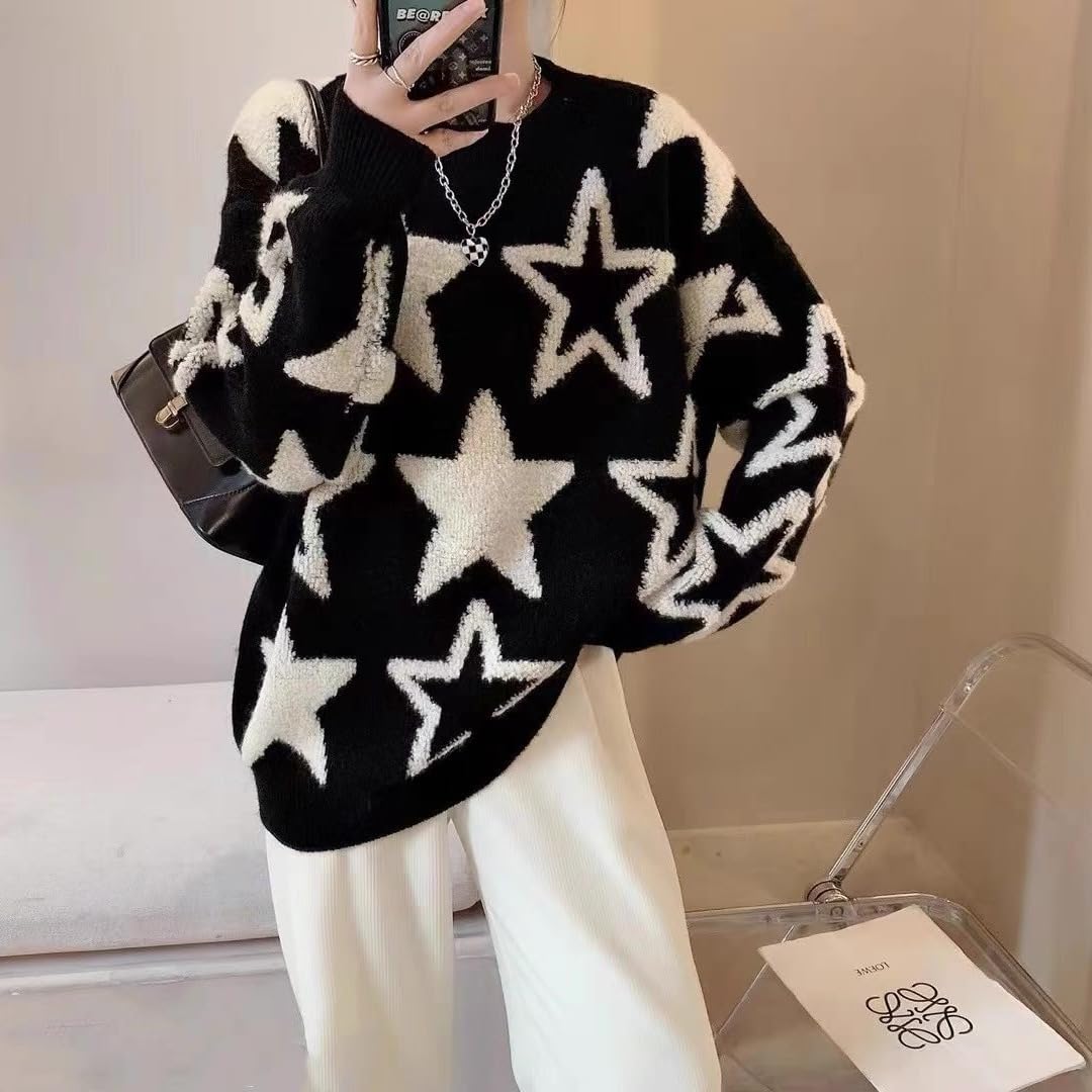 Women's Casual Star Print Sweater - Crew Neck Long Sleeve Drop Shoulder Knit Pullover | Cozy Winter Wear, Fall Fashion, Office & Weekend Outfits